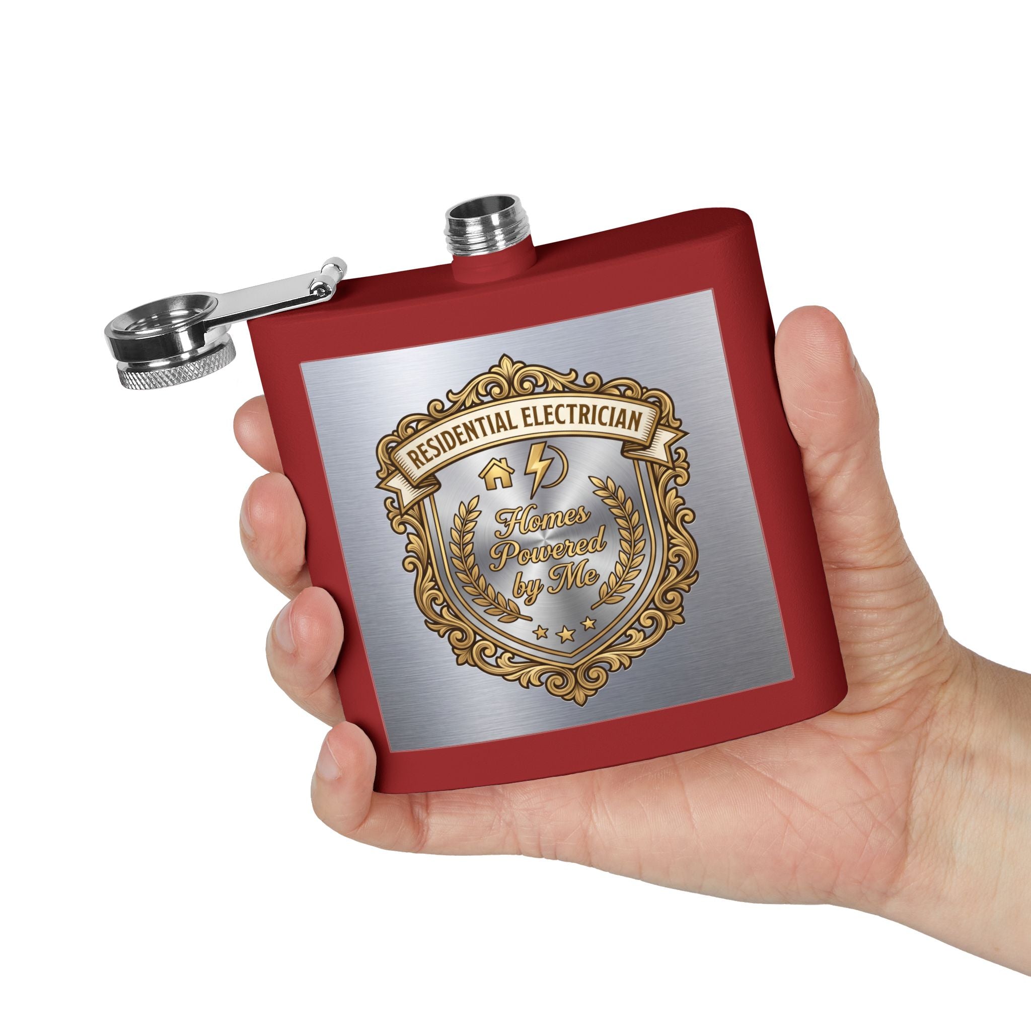 Flask — "Residential Electrician: Homes Powered by Me" (Crest Edition) 6oz Stainless Steel Hip Flask