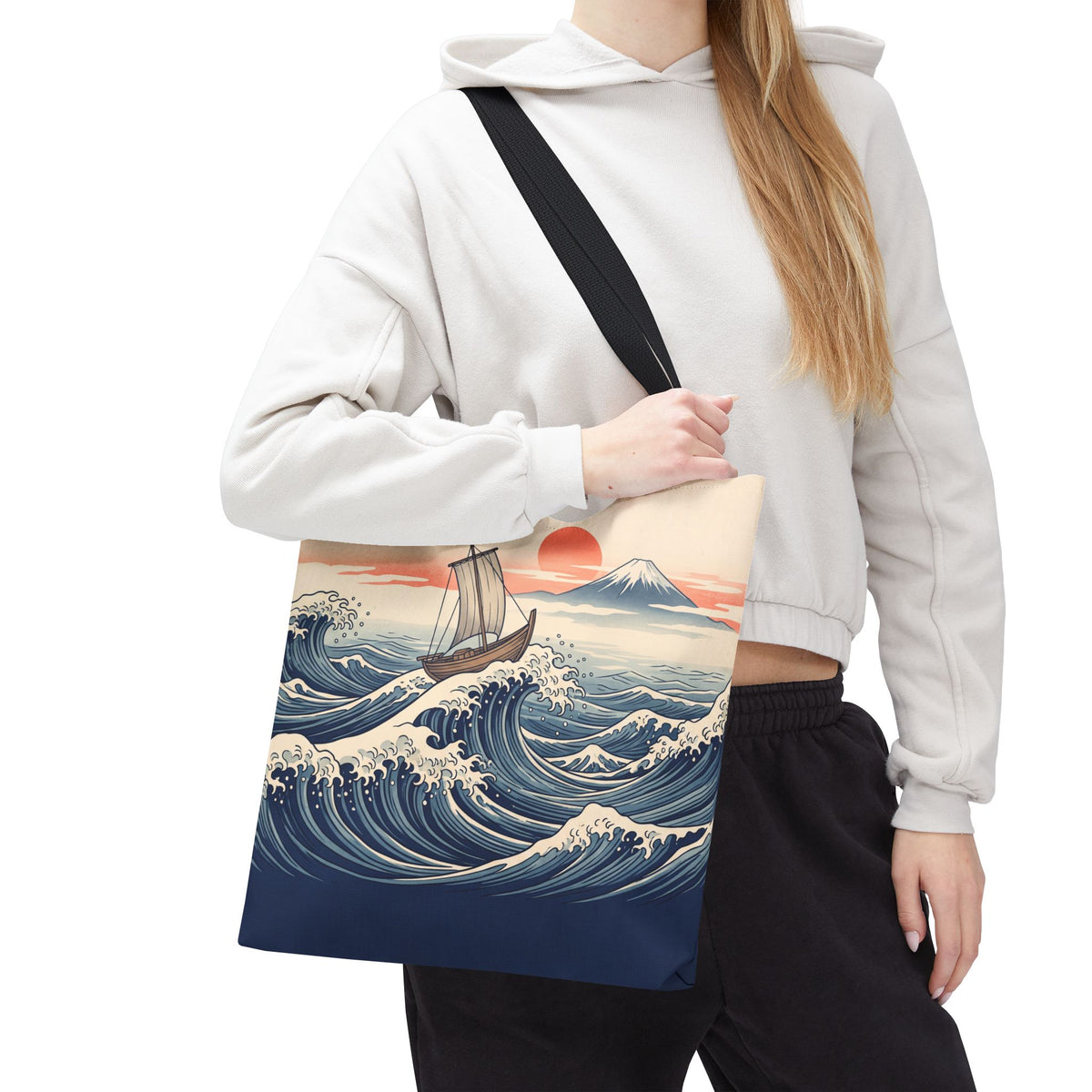 Japanese Wave Sailboat Tote Bag – Woodblock Style Ocean Beach Bag