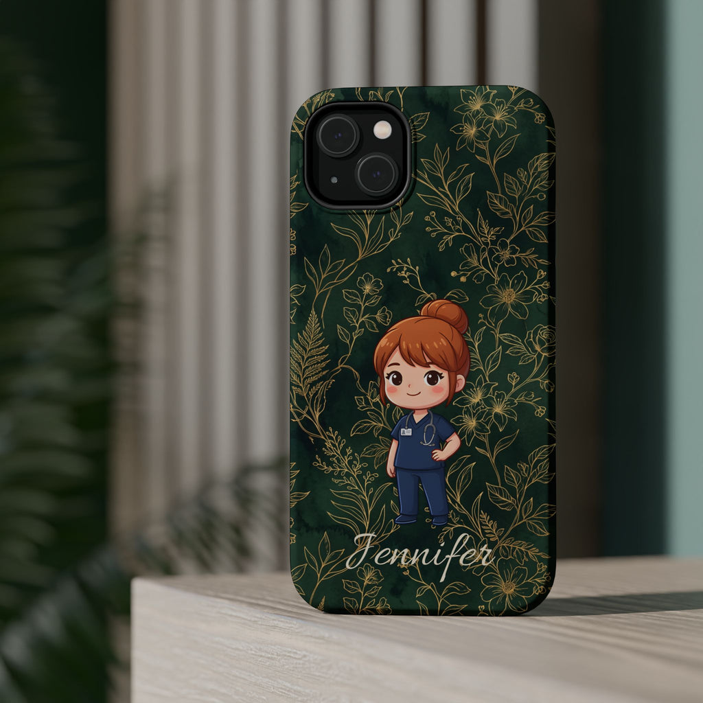 Personalized Nurse Botanical Phone Case — Impact-Resistant Wireless Charging Cover