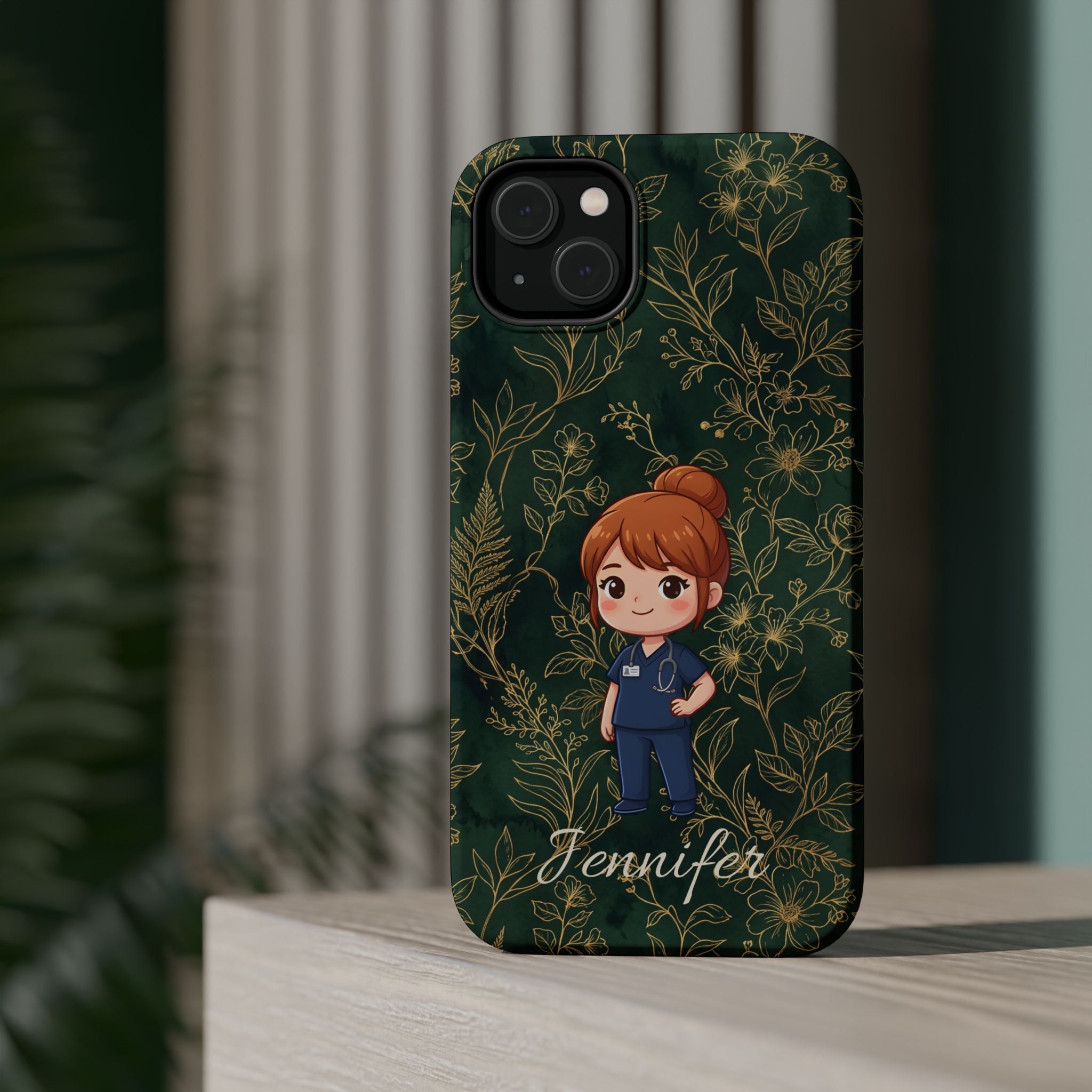 Personalized Nurse Botanical Phone Case — Impact-Resistant Wireless Charging Cover