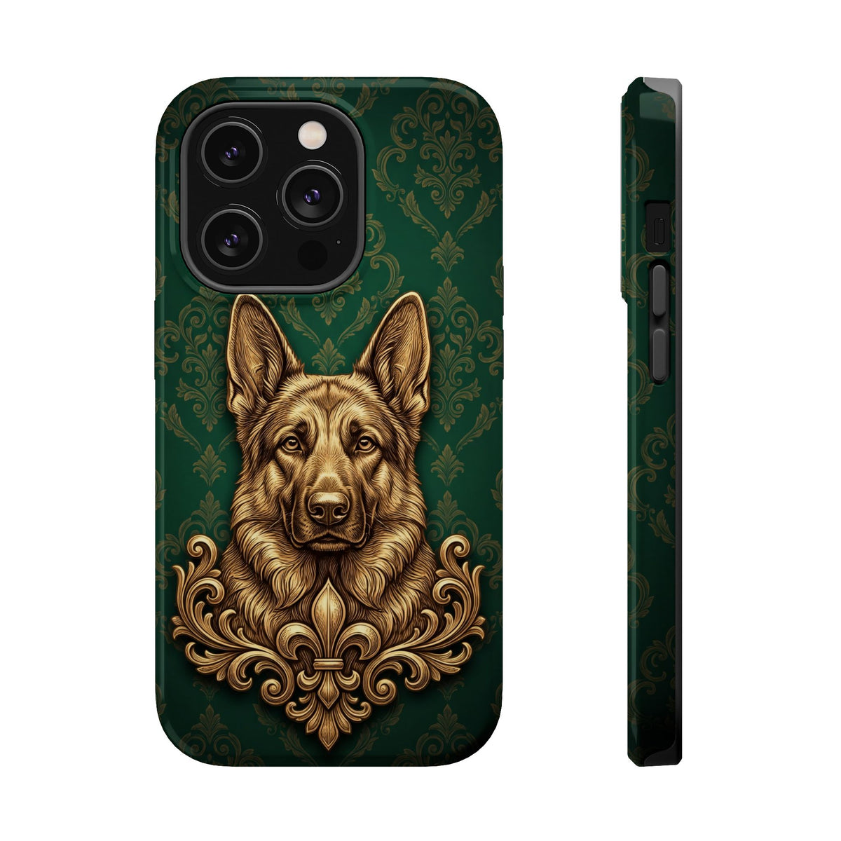 German Shepherd Phone Case | Emerald Baroque Gold Art — Tough Magnetic Case with Wireless Charging