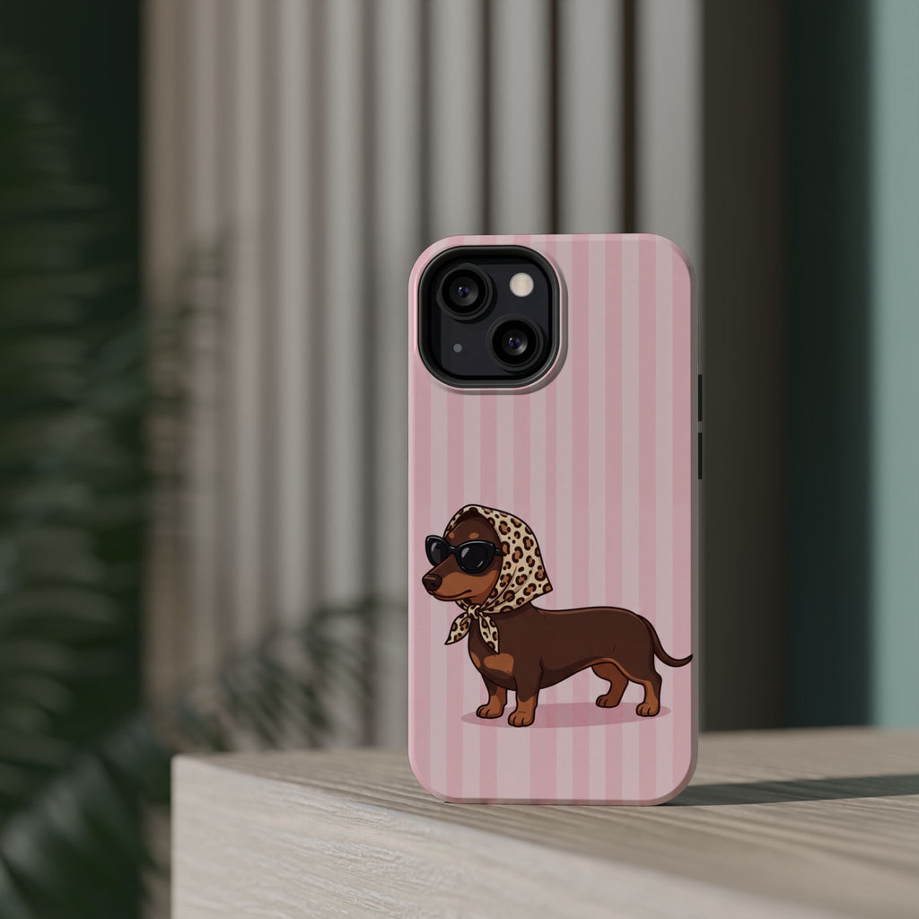 Glam Dachshund Phone Case | Cute Sausage Dog in Leopard Scarf & Sunglasses | Pink Stripe Case for iPhone & Samsung