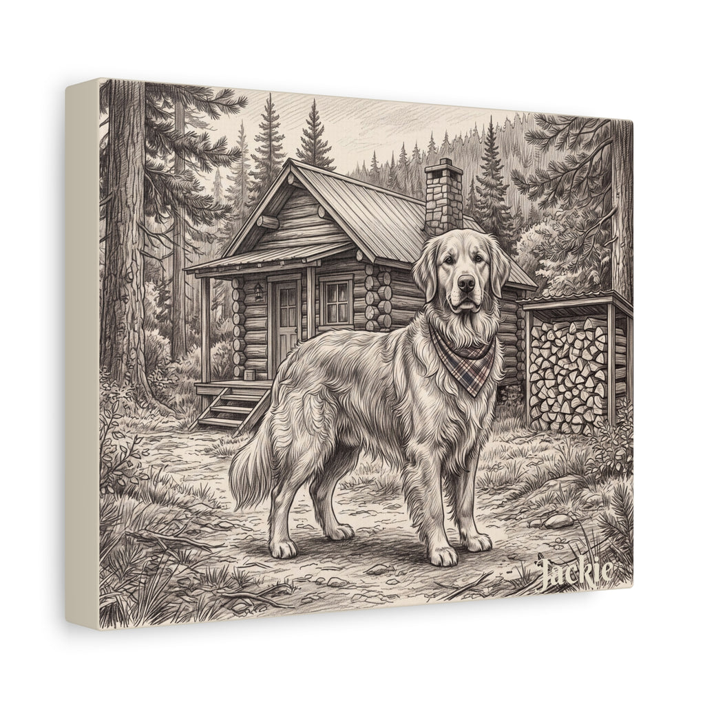 Golden Retriever Cabin Sketch Personalized Canvas | Rustic Woodland Wall Art