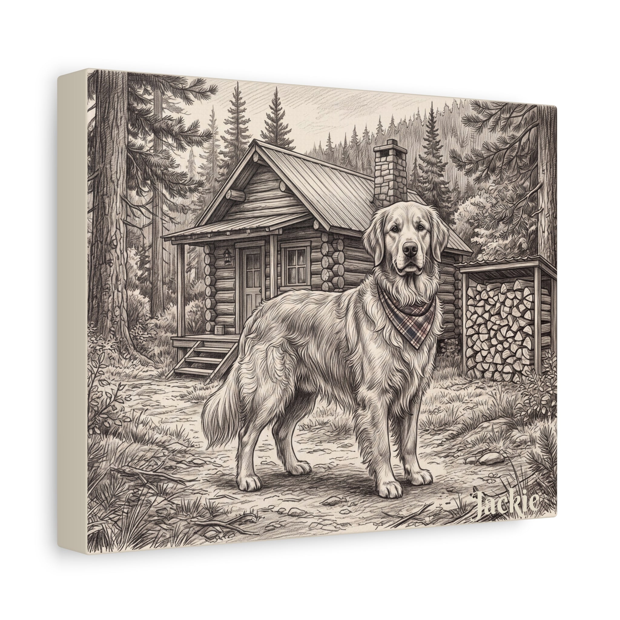 Golden Retriever Cabin Sketch Personalized Canvas | Rustic Woodland Wall Art