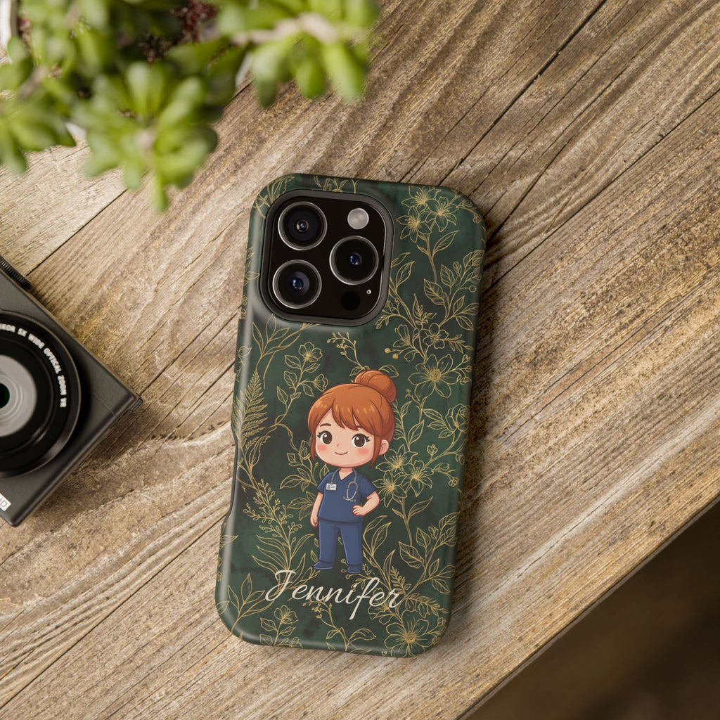 Personalized Nurse Botanical Phone Case — Impact-Resistant Wireless Charging Cover
