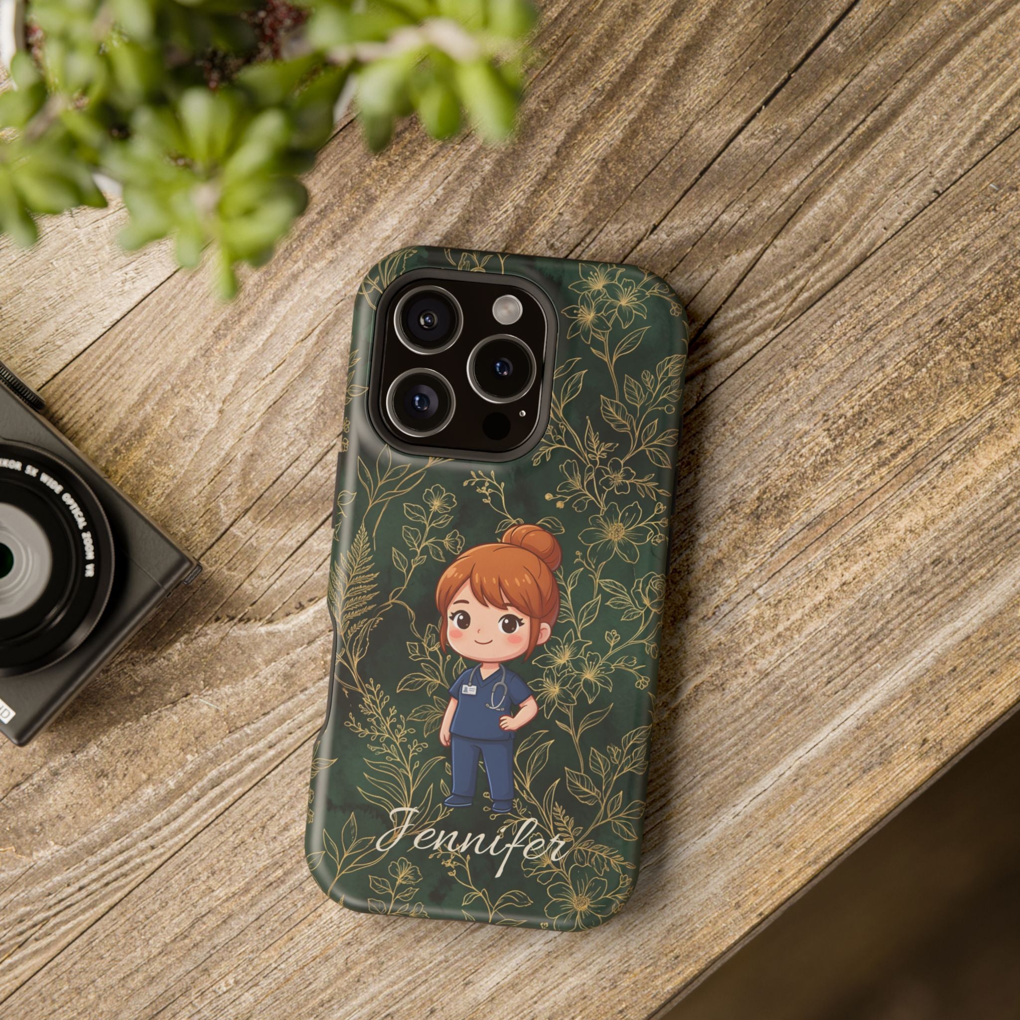 Personalized Nurse Botanical Phone Case — Impact-Resistant Wireless Charging Cover