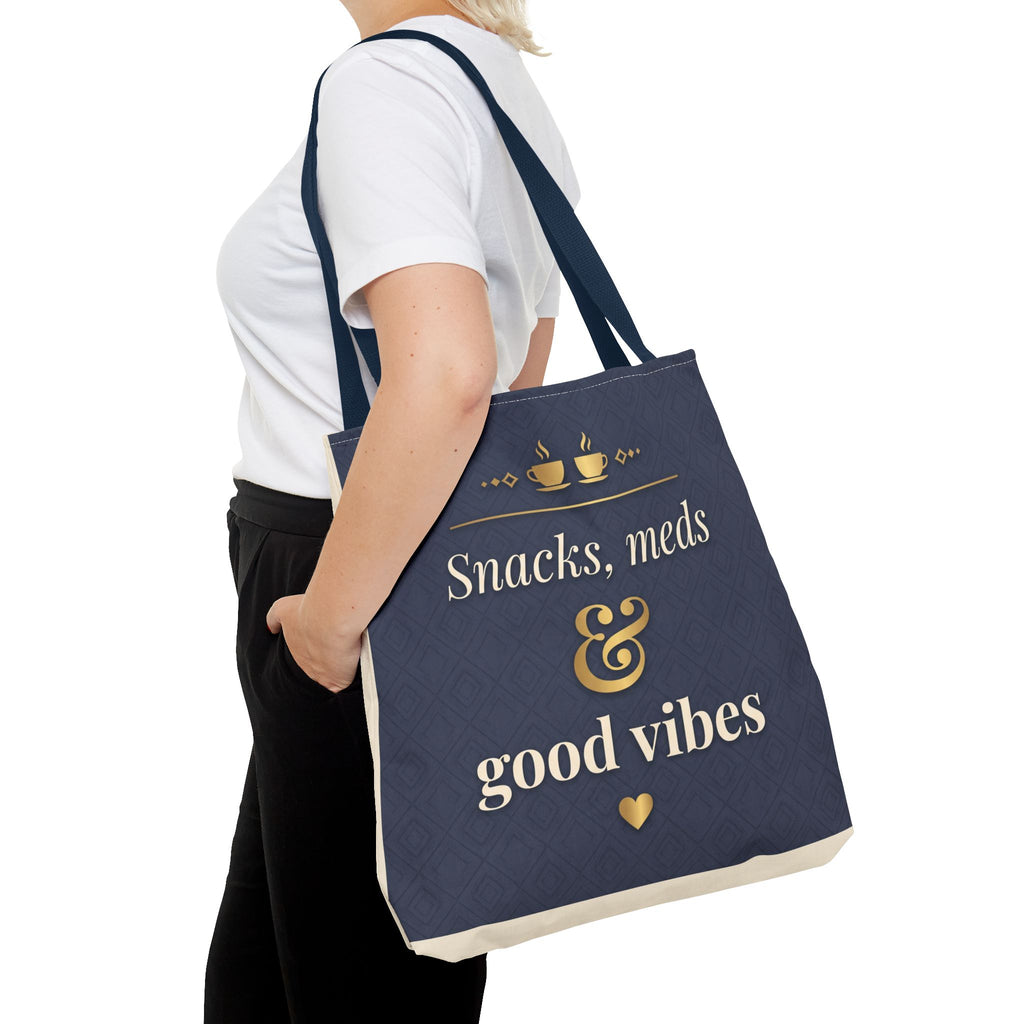 Snacks Meds & Good Vibes Tote | Funny Nurse Gift Tote Bag | Healthcare Worker Humour Gift | Premium Polyester Carry-All