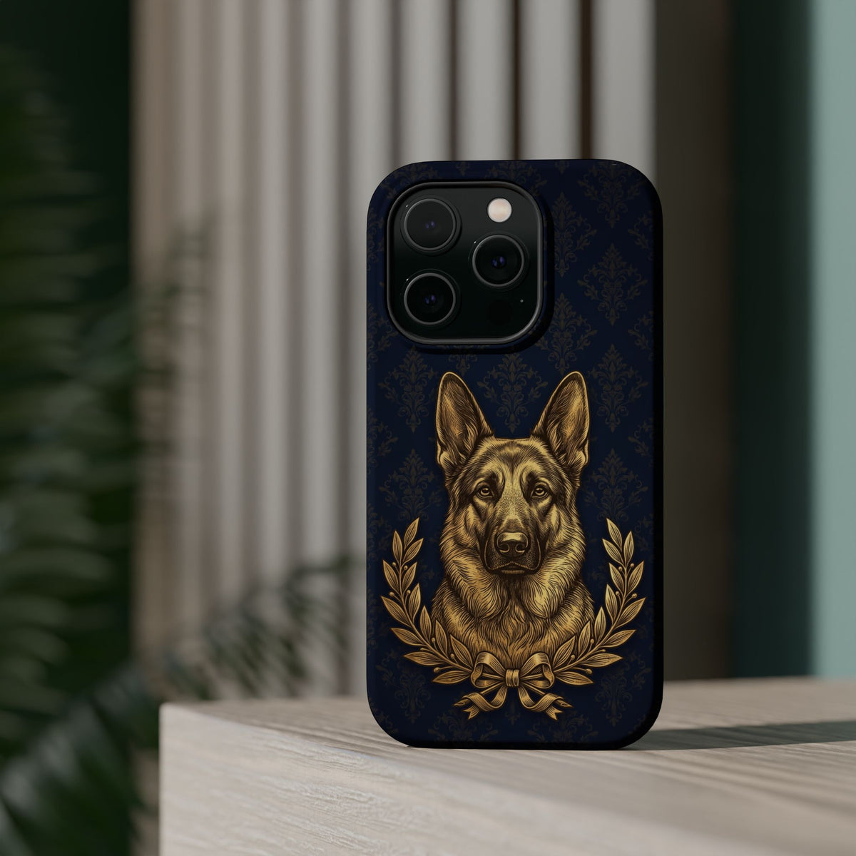 German Shepherd Phone Case | Navy Gold Laurel Art — Tough Magnetic Case with Wireless Charging