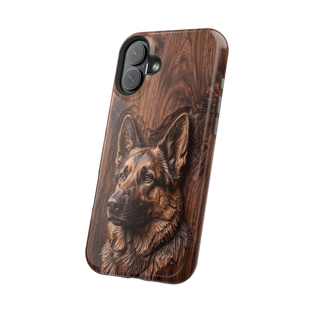 German Shepherd Phone Case | Carved Walnut Art — Tough Magnetic Case with Wireless Charging