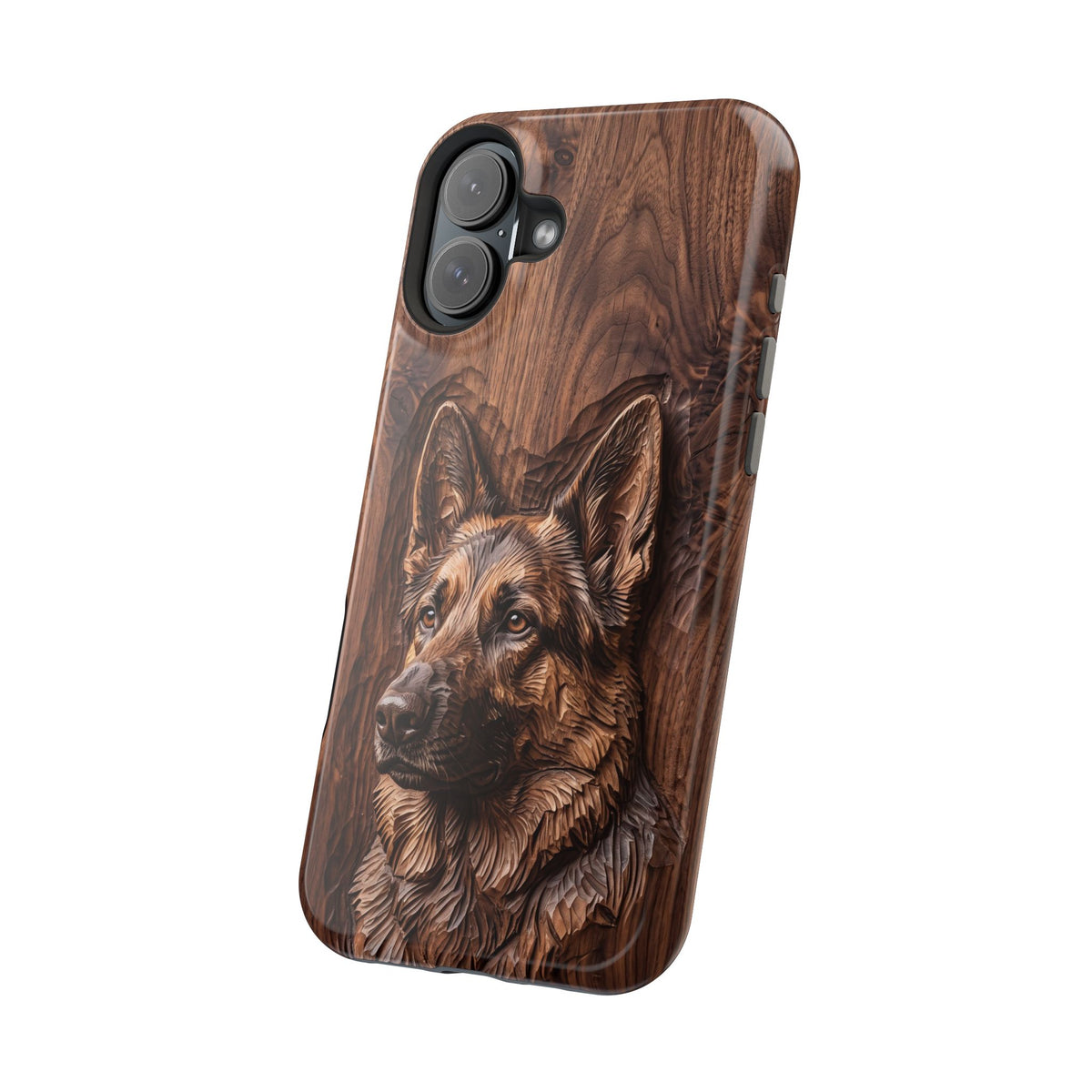 German Shepherd Phone Case | Carved Walnut Art — Tough Magnetic Case with Wireless Charging