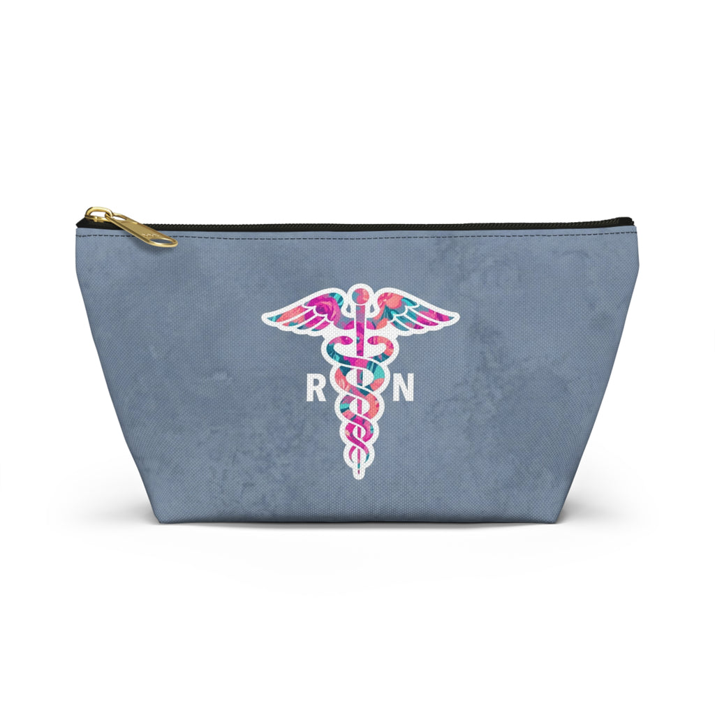 RN Floral Caduceus Dusty Blue Accessory Pouch — T-Bottom Zipper Bag