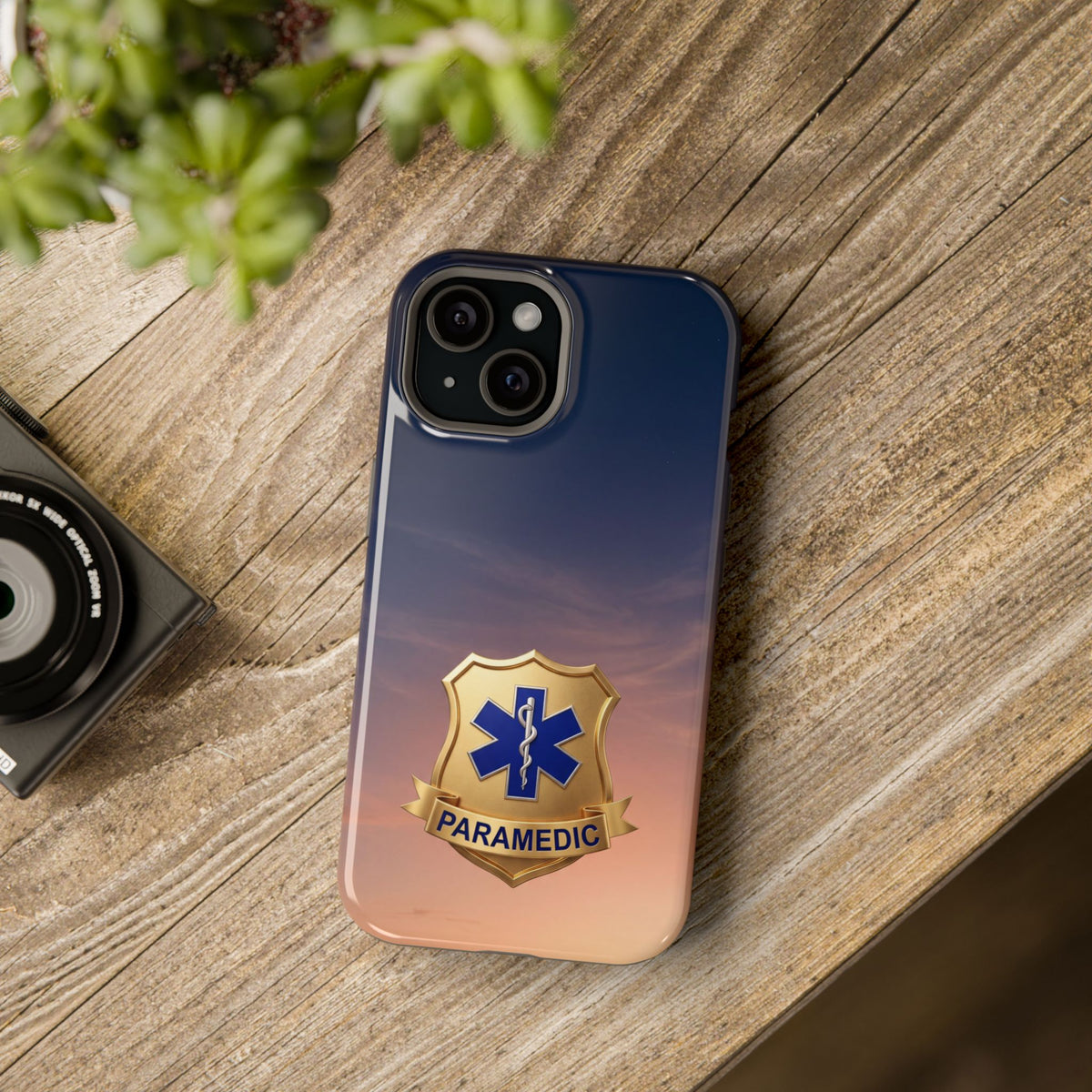 Gold Paramedic Badge Sunset Sky Phone Case — Magnetic Wireless Charging Cover