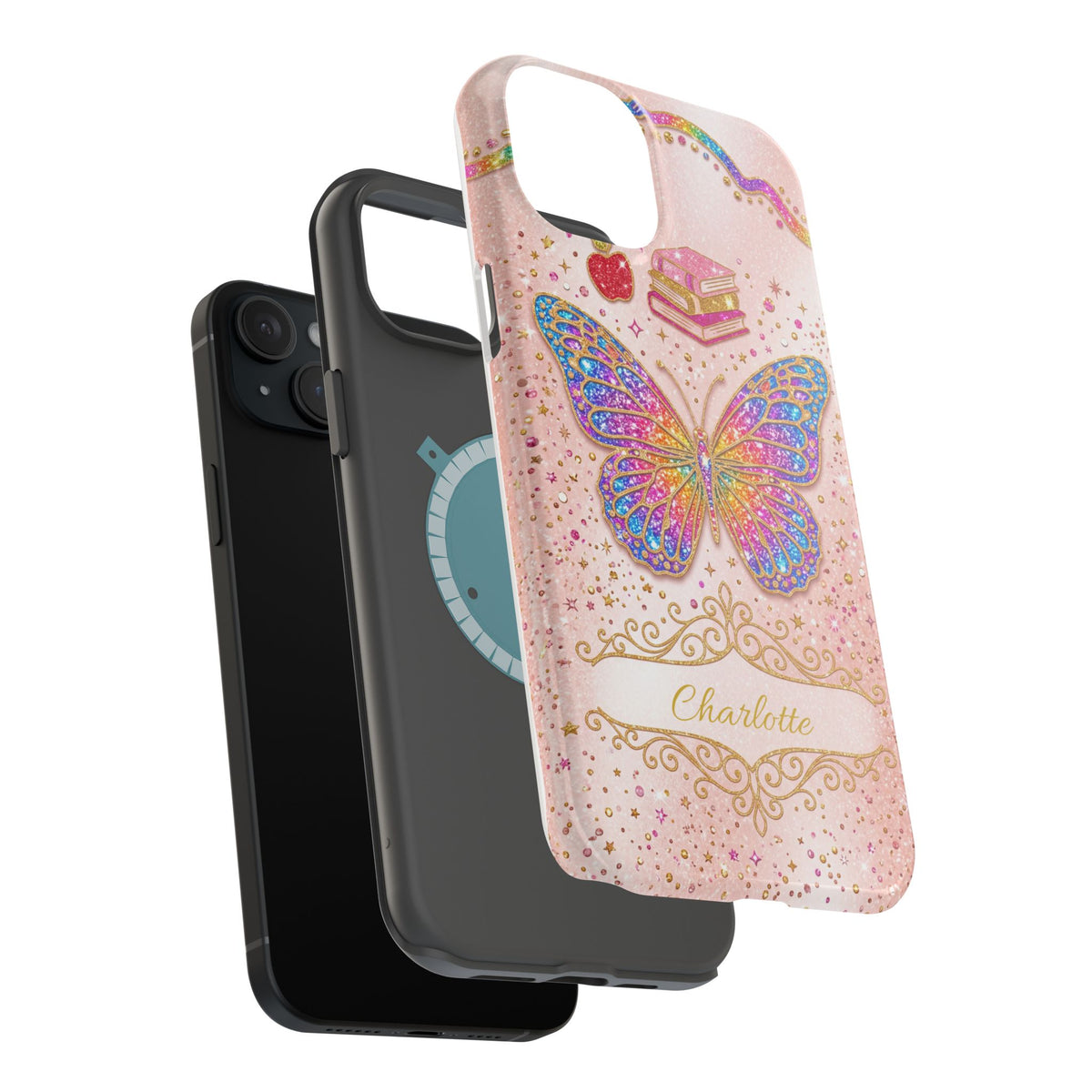 Blush Glitter Butterfly Personalized Teacher Phone Case — Wireless Charging Cover