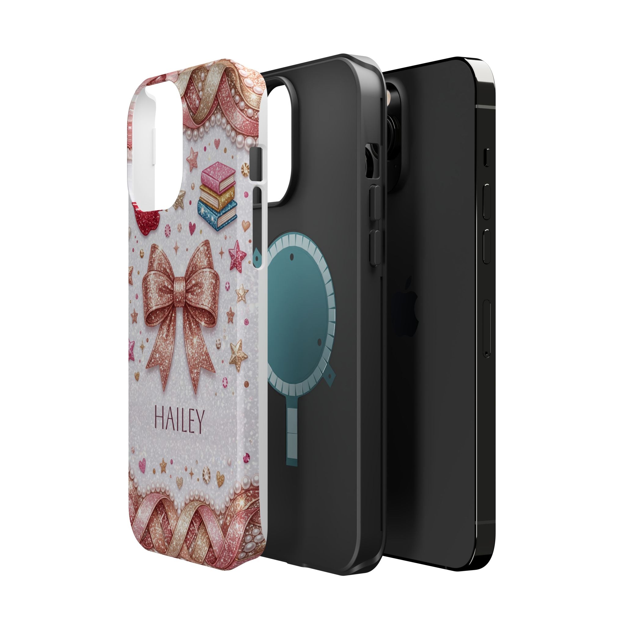 Rose Gold Glitter Bow Personalized Teacher Phone Case — Wireless Charging Cover