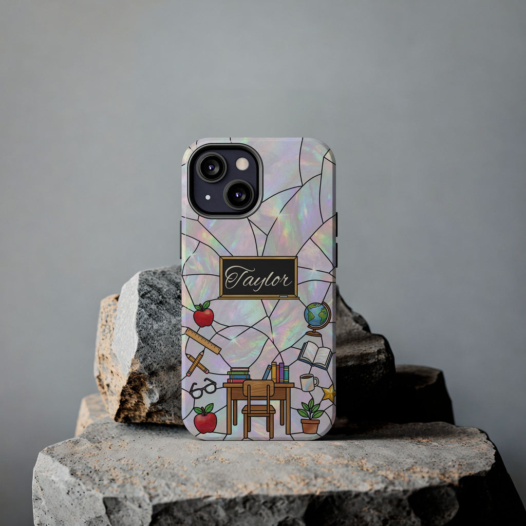 Personalized Teacher Phone Case — Custom Name Stained Glass Classroom Design
