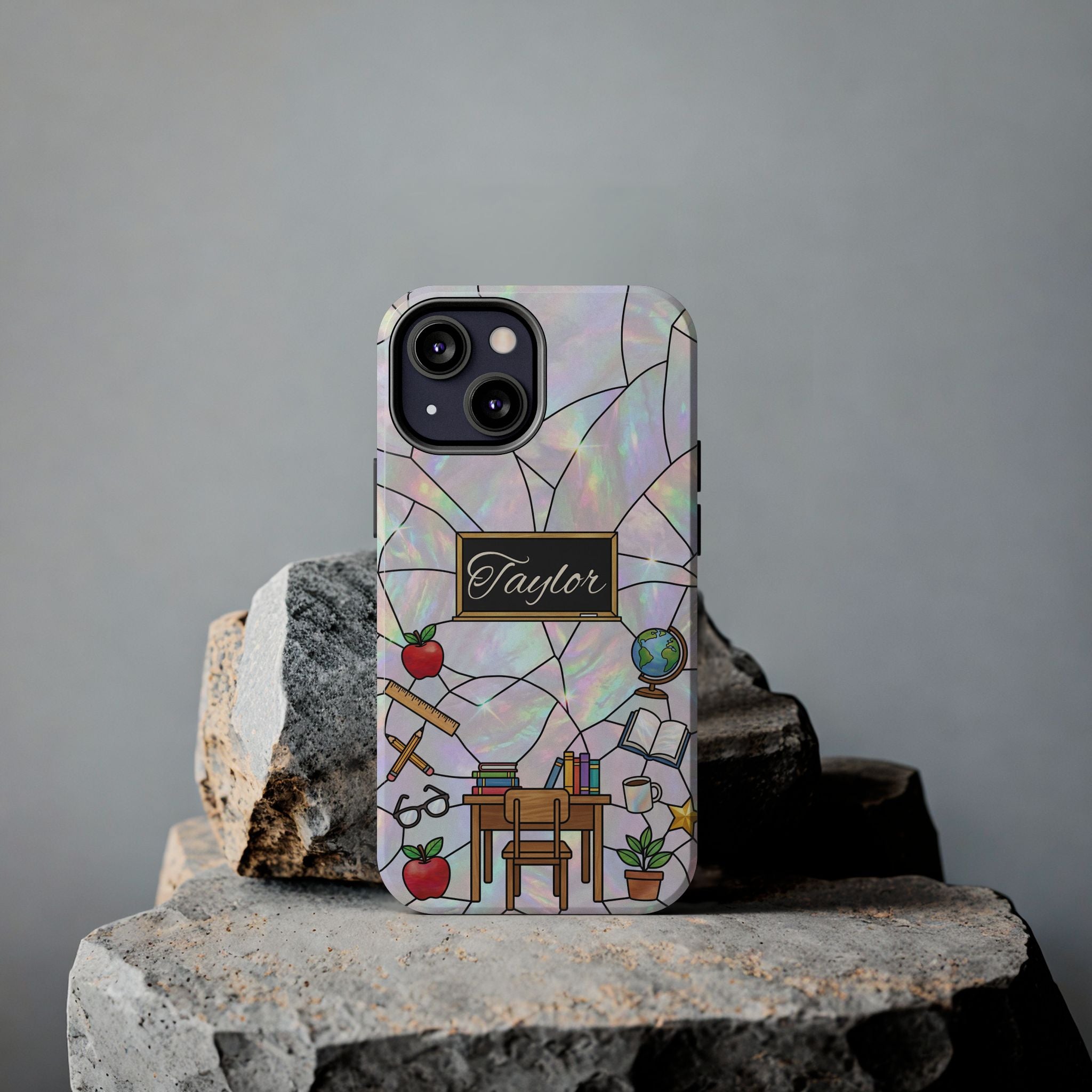 Personalized Teacher Phone Case — Custom Name Stained Glass Classroom Design