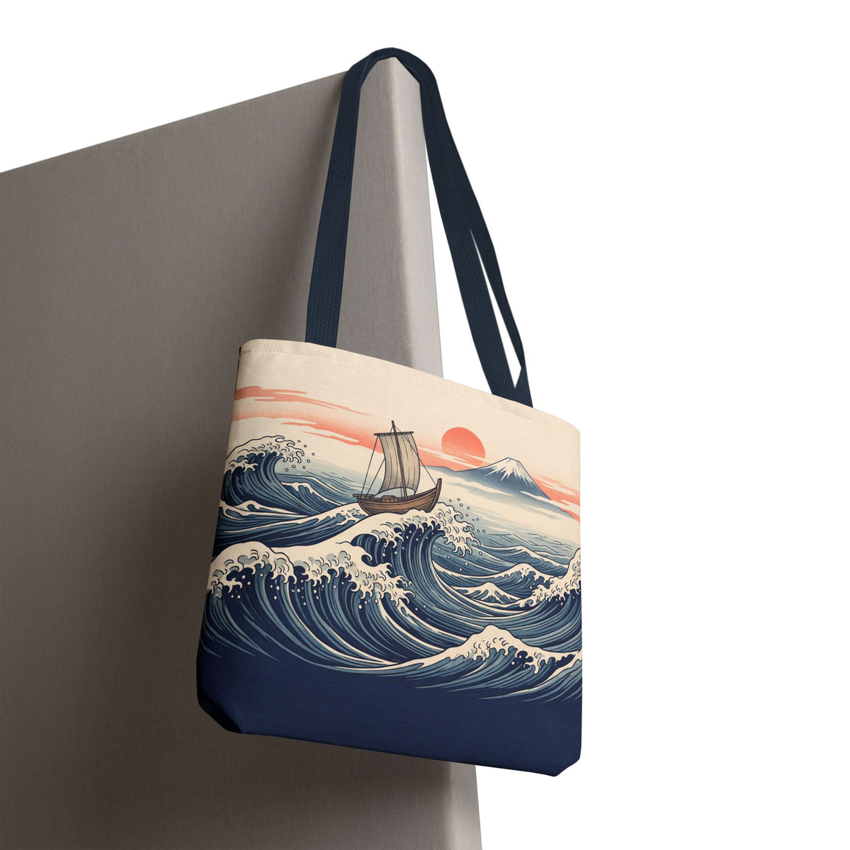 Japanese Wave Sailboat Tote Bag – Woodblock Style Ocean Beach Bag