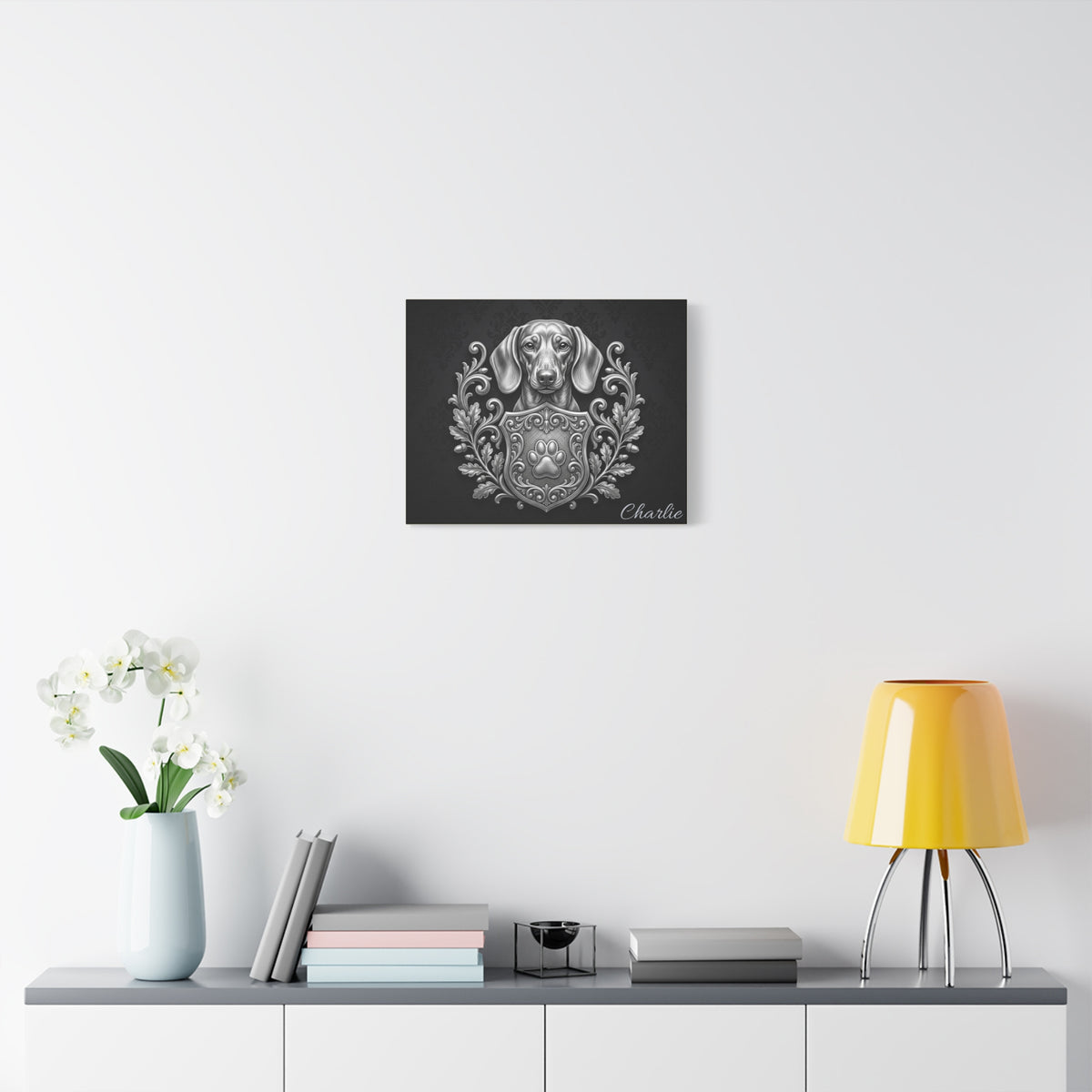 Dachshund Personalized Canvas | Silver Heraldic Crest Wall Art