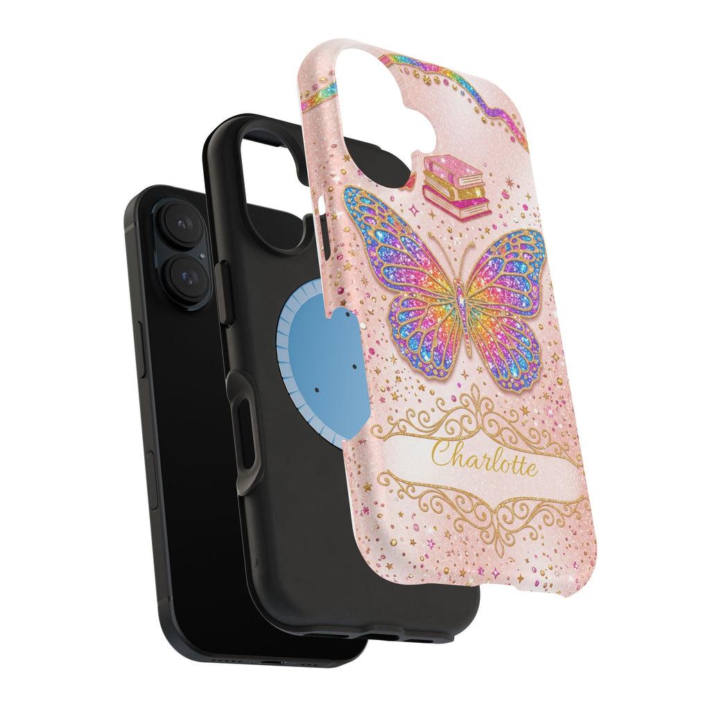 Blush Glitter Butterfly Personalized Teacher Phone Case — Wireless Charging Cover