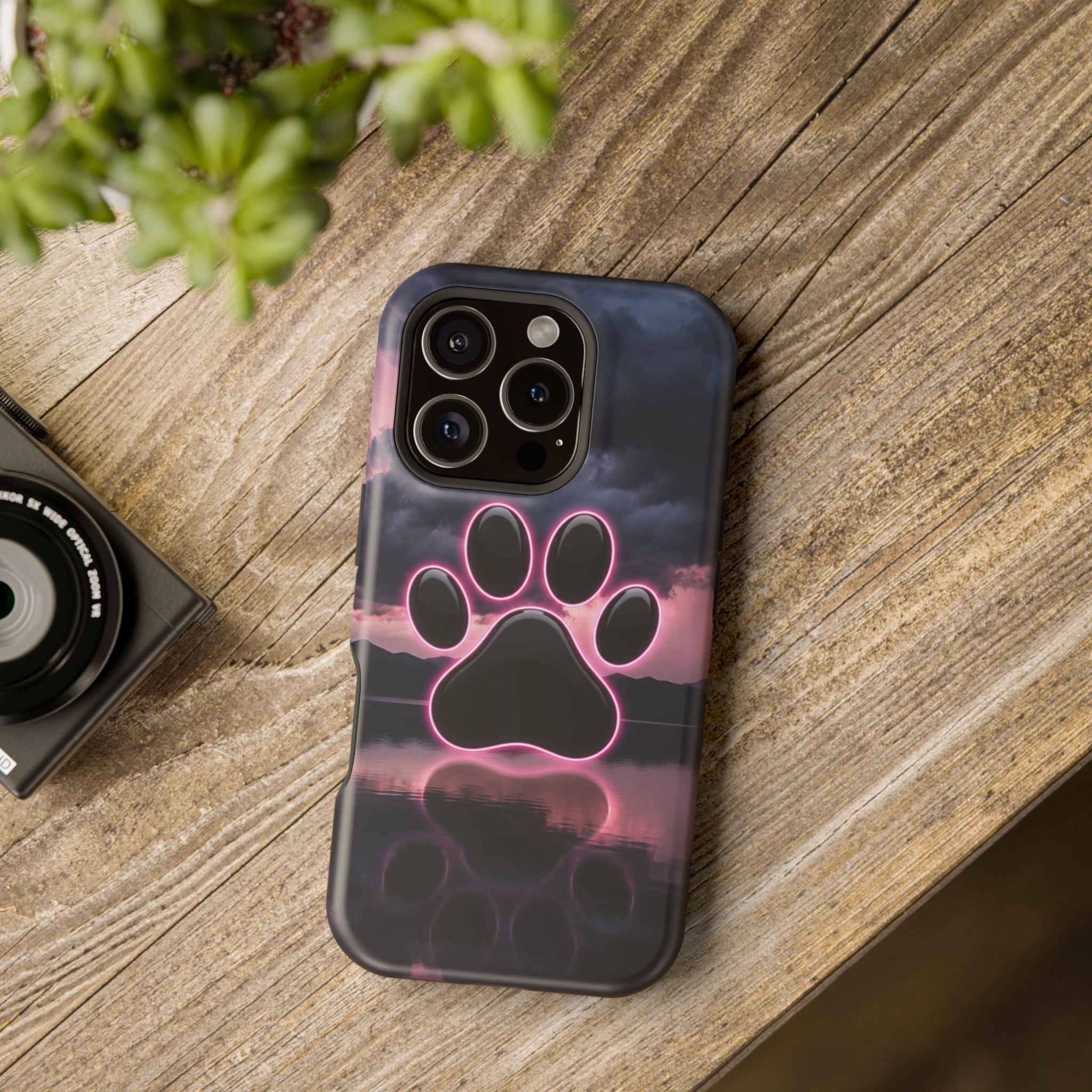 Neon Paw Print Phone Case — Impact-Resistant Wireless Charging Cover