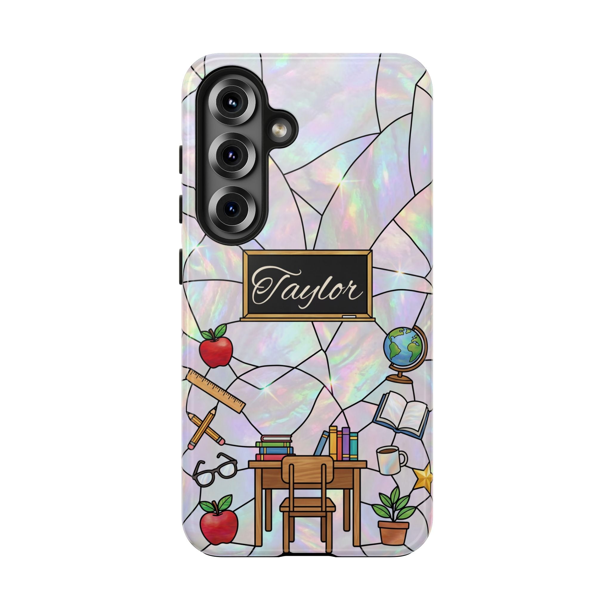 Personalized Teacher Phone Case — Custom Name Stained Glass Classroom Design
