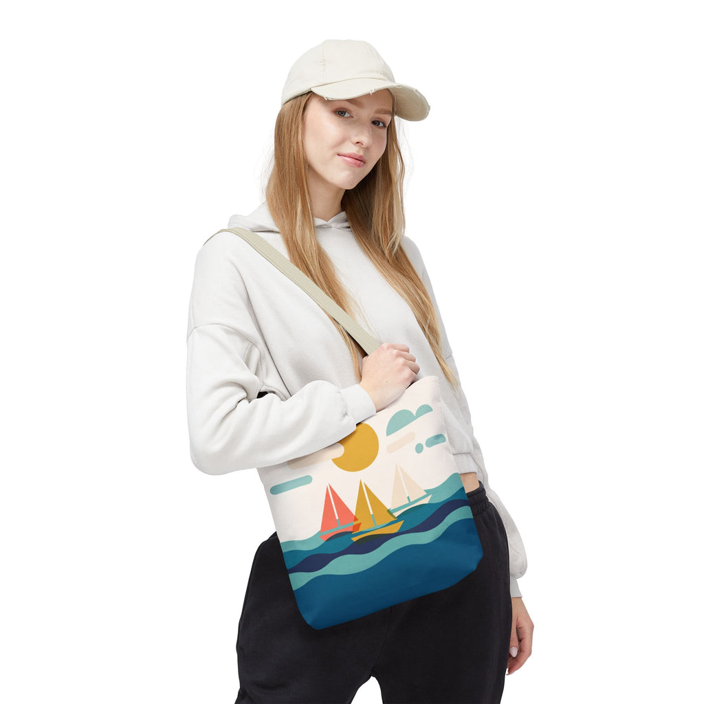 Minimalist Sailboat Tote Bag – Mid-Century Modern Ocean Waves Beach Bag