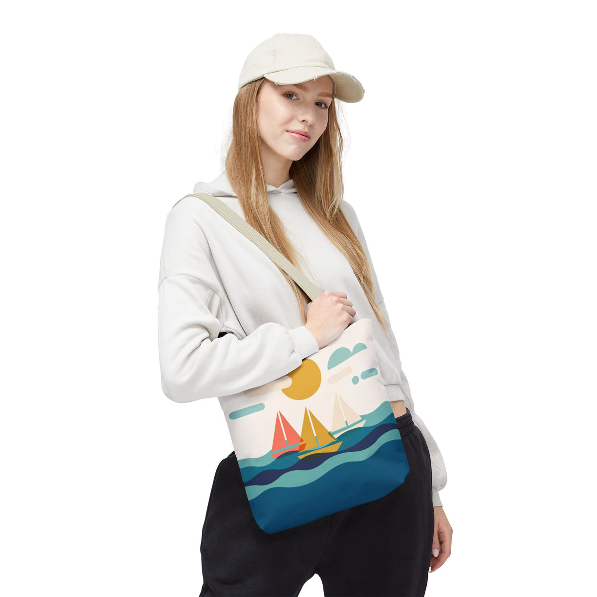 Minimalist Sailboat Tote Bag – Mid-Century Modern Ocean Waves Beach Bag