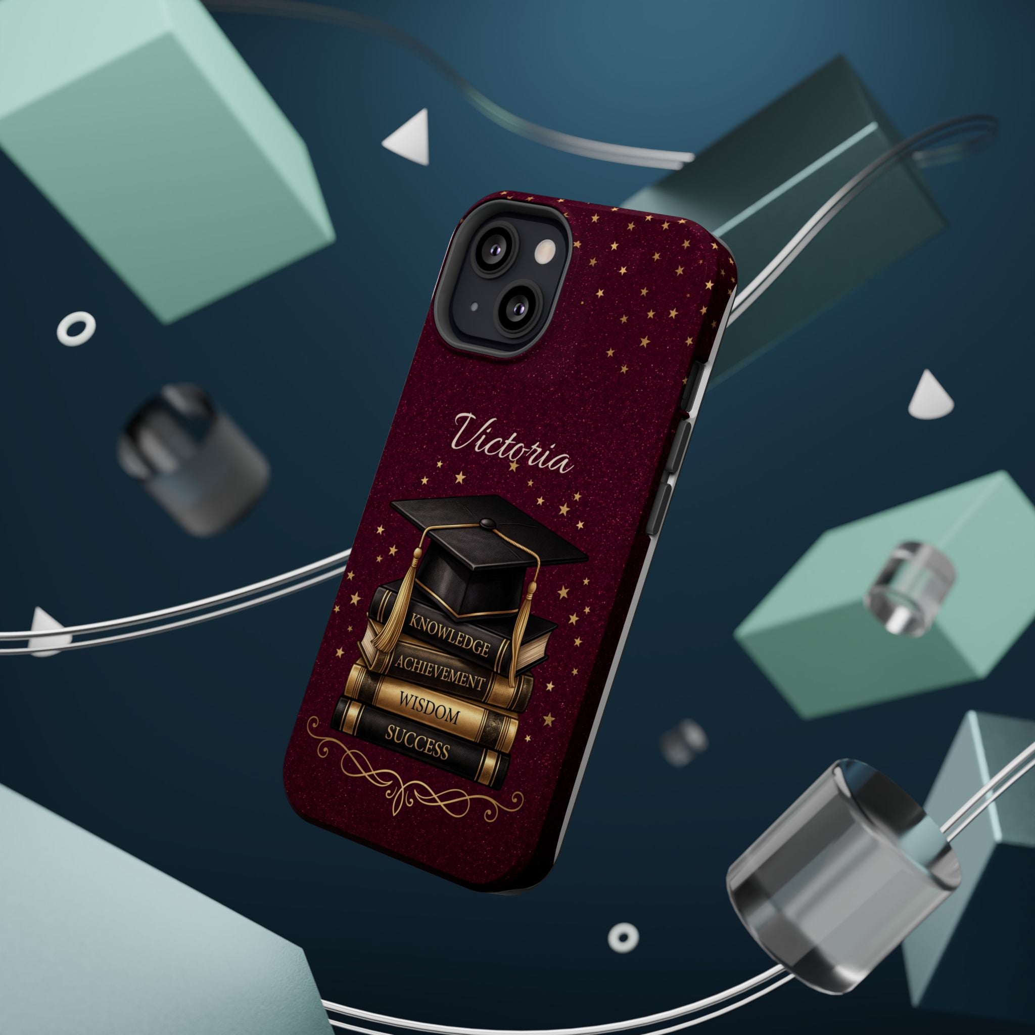 Graduation Cap & Books Personalized Teacher Phone Case — Wireless Charging Cover