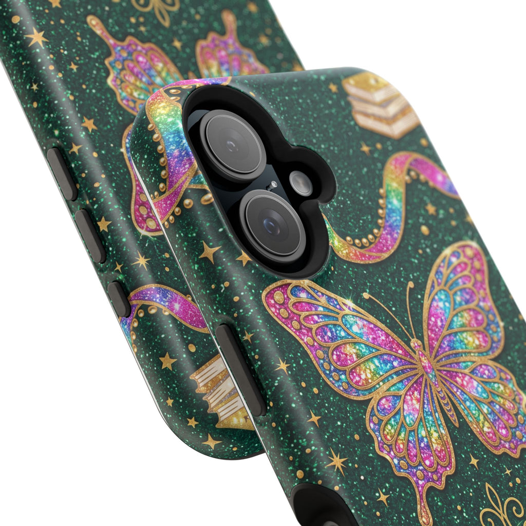 Rainbow Glitter Butterfly Personalized Teacher Phone Case — Wireless Charging Cover