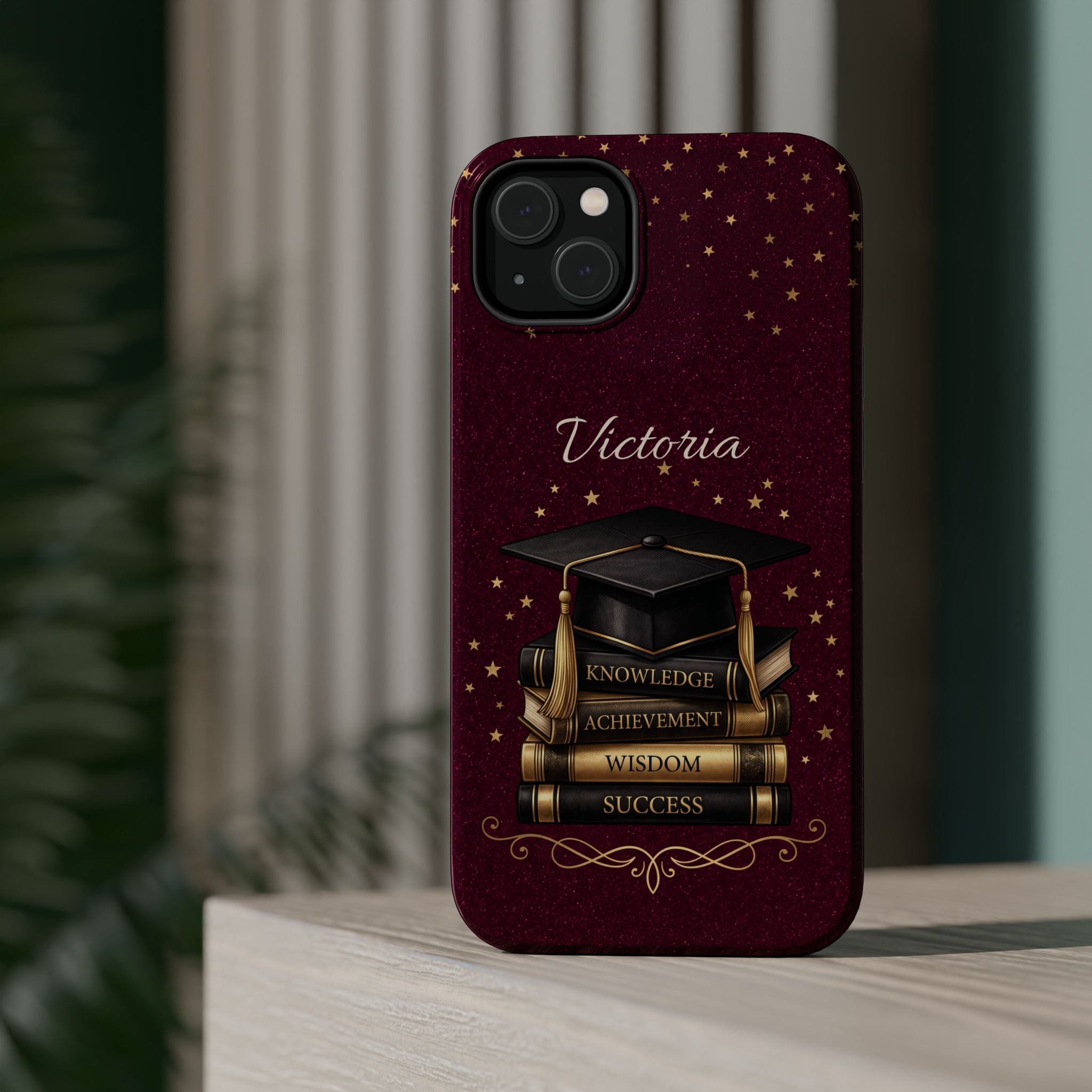 Graduation Cap & Books Personalized Teacher Phone Case — Wireless Charging Cover