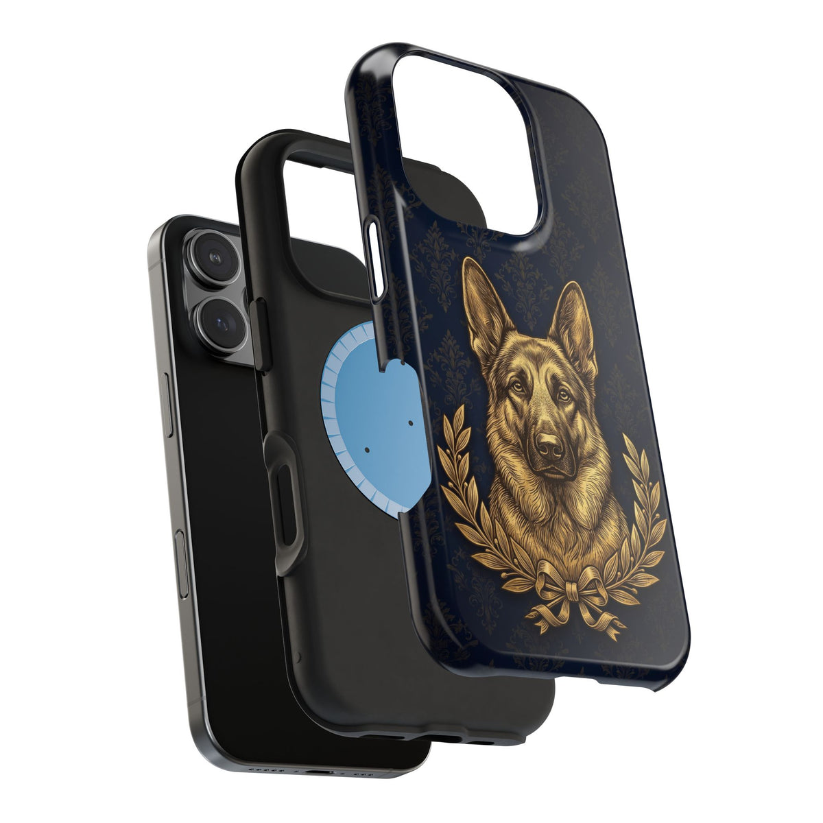 German Shepherd Phone Case | Navy Gold Laurel Art — Tough Magnetic Case with Wireless Charging