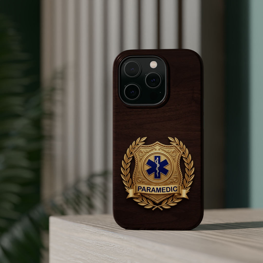 Gold Paramedic Laurel Badge Wood Phone Case — Magnetic Wireless Charging Cover