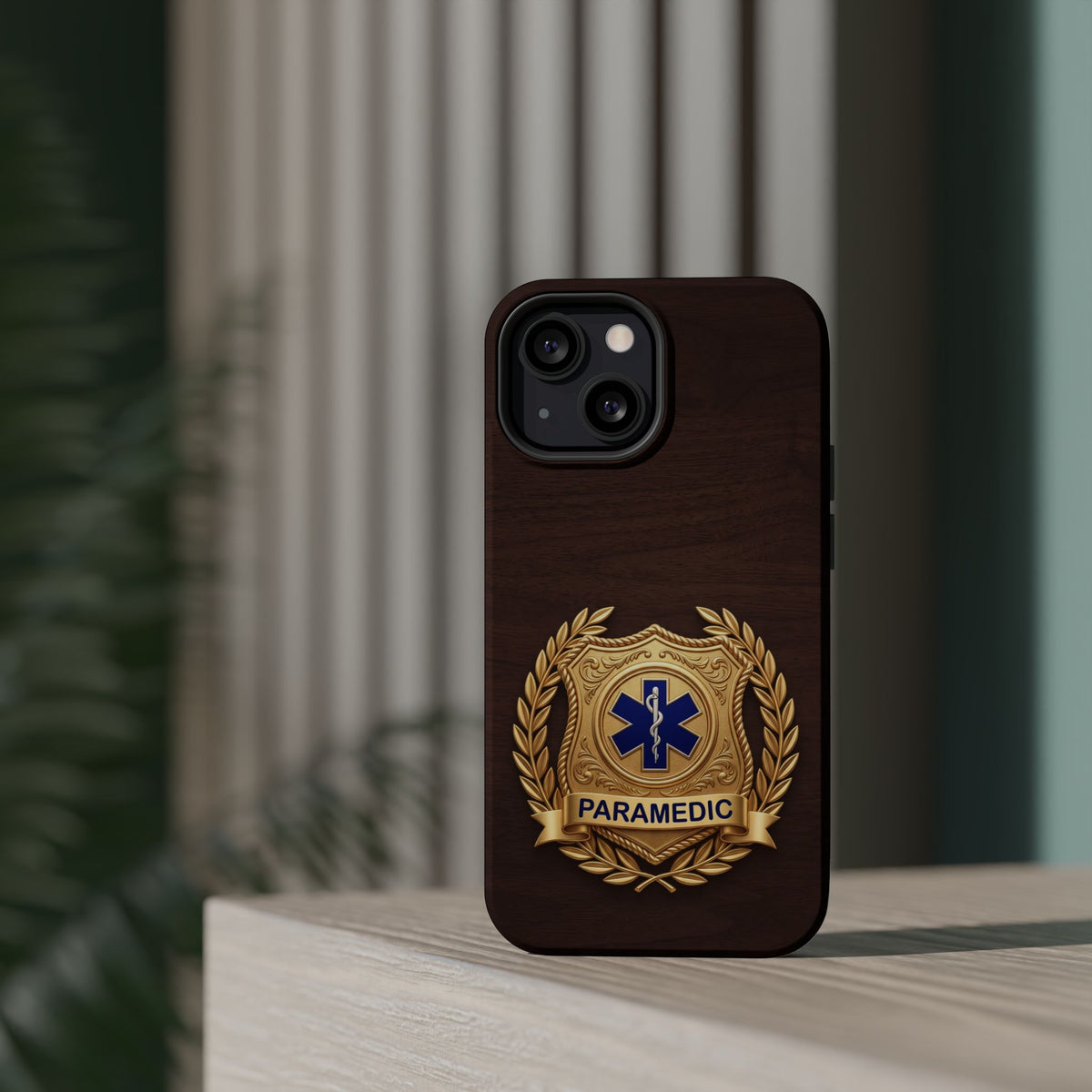 Gold Paramedic Laurel Badge Wood Phone Case — Magnetic Wireless Charging Cover