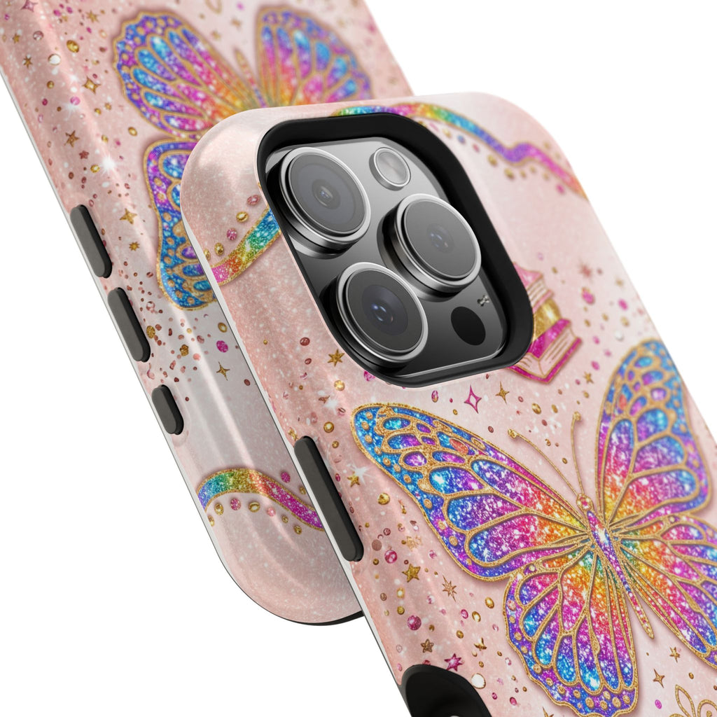 Blush Glitter Butterfly Personalized Teacher Phone Case — Wireless Charging Cover
