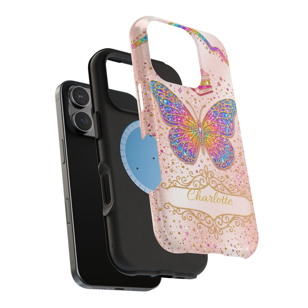 Blush Glitter Butterfly Personalized Teacher Phone Case — Wireless Charging Cover