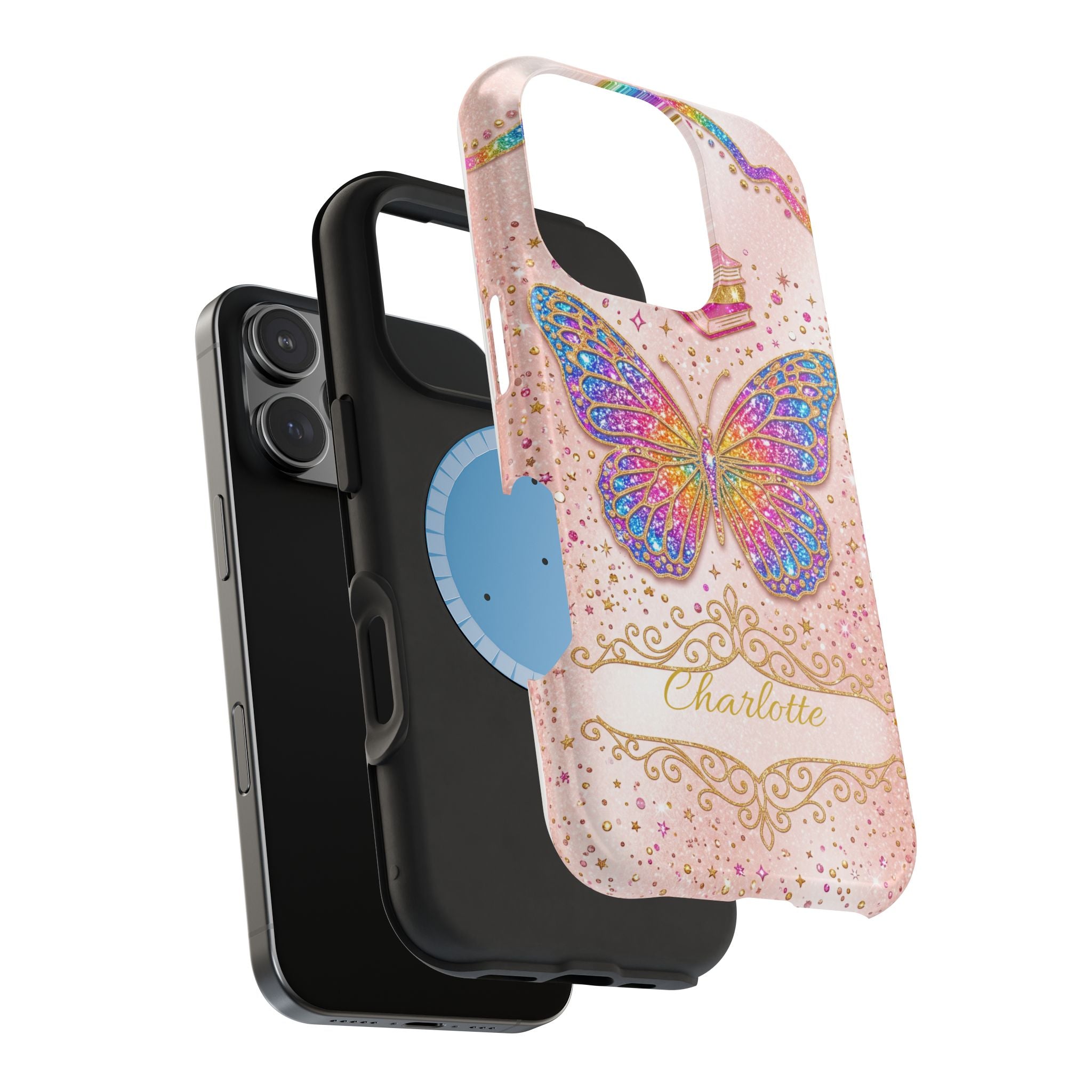 Blush Glitter Butterfly Personalized Teacher Phone Case — Wireless Charging Cover