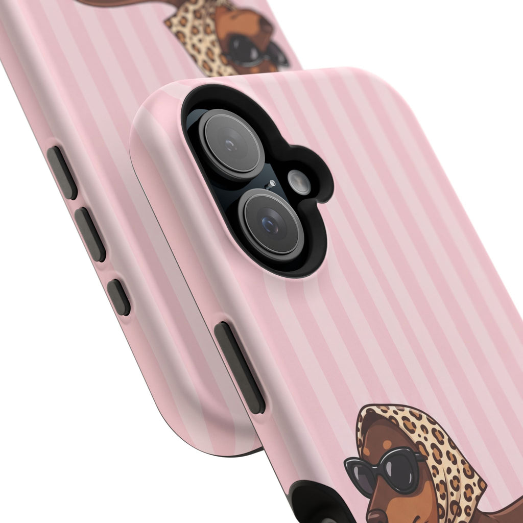 Glam Dachshund Phone Case | Cute Sausage Dog in Leopard Scarf & Sunglasses | Pink Stripe Case for iPhone & Samsung