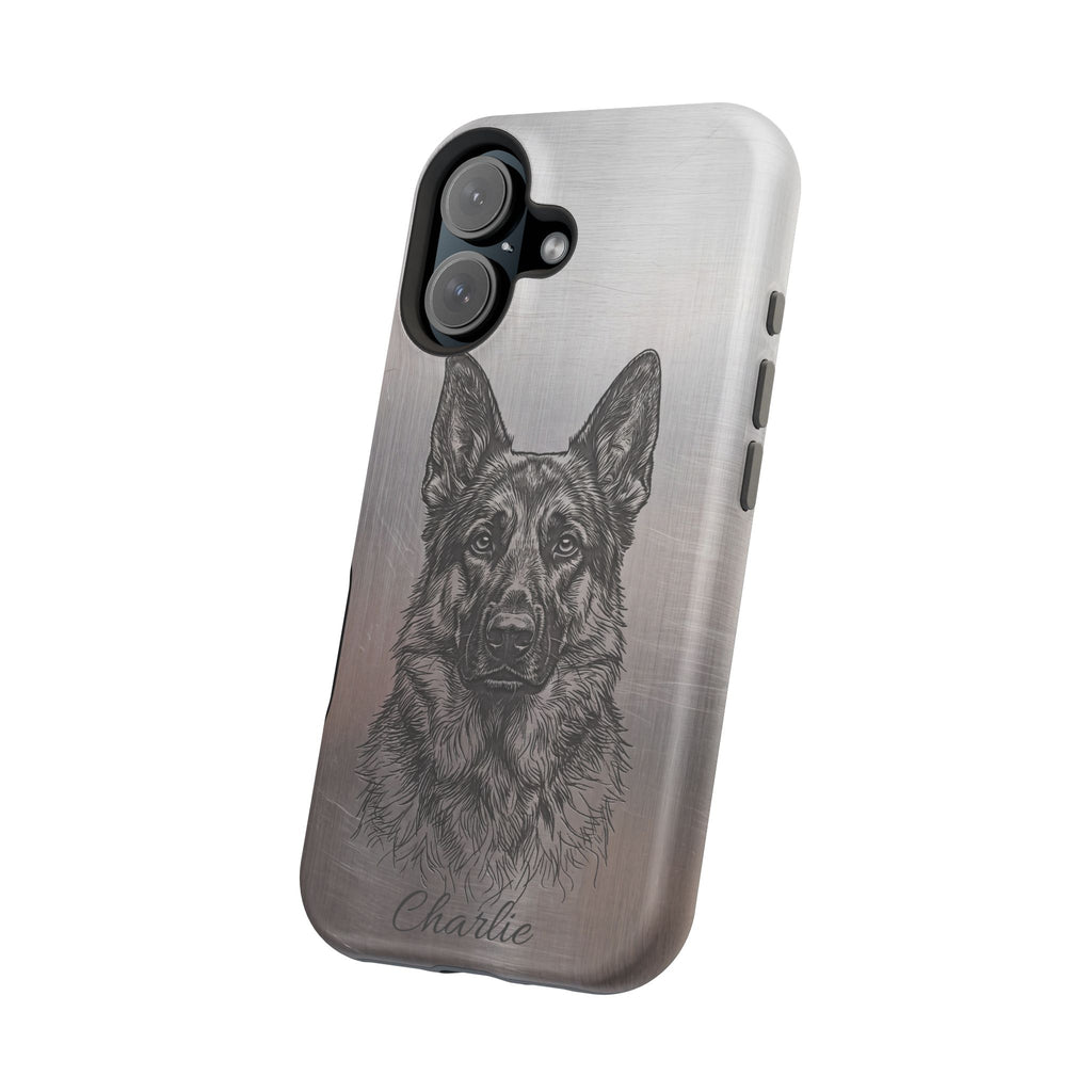 German Shepherd Phone Case | Personalized Etched Silver Art — Tough Magnetic Case with Wireless Charging