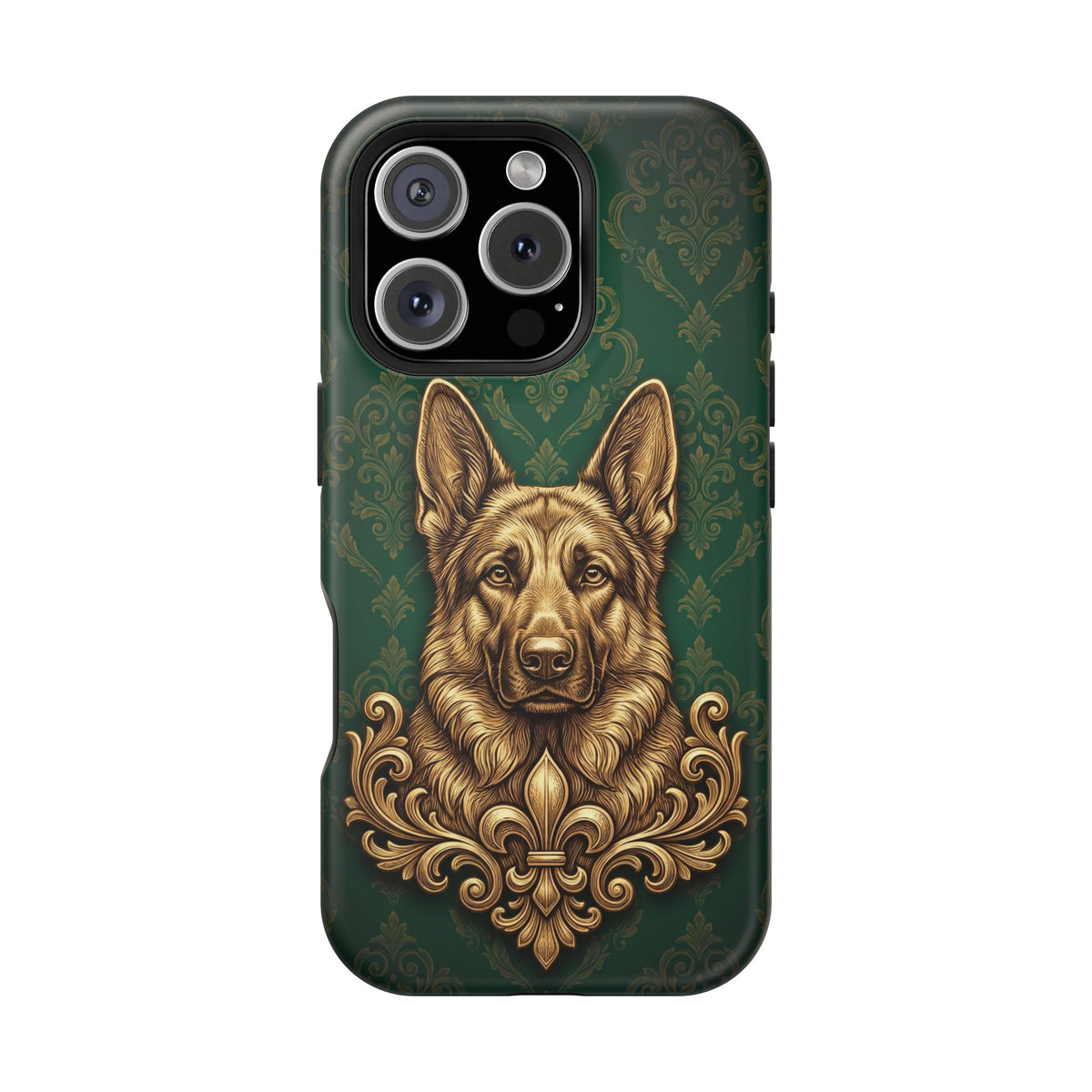 German Shepherd Phone Case | Emerald Baroque Gold Art — Tough Magnetic Case with Wireless Charging