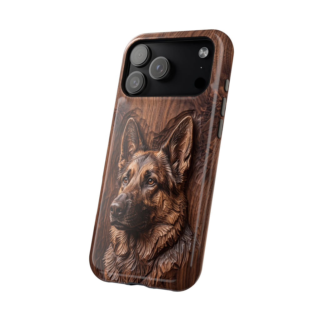 German Shepherd Phone Case | Carved Walnut Art — Tough Magnetic Case with Wireless Charging