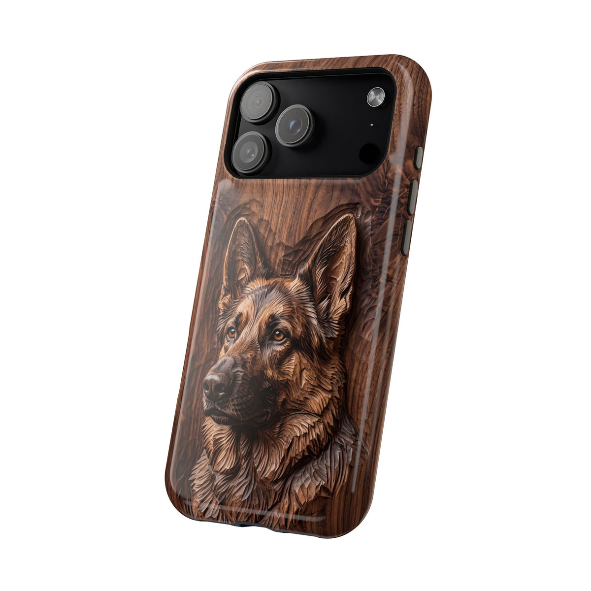 German Shepherd Phone Case | Carved Walnut Art — Tough Magnetic Case with Wireless Charging