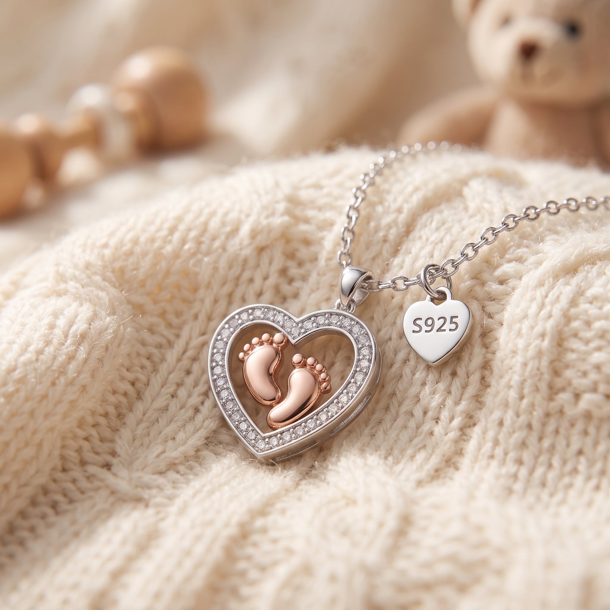 Baby Feet Heart Necklace – Rose Gold & CZ Pendant