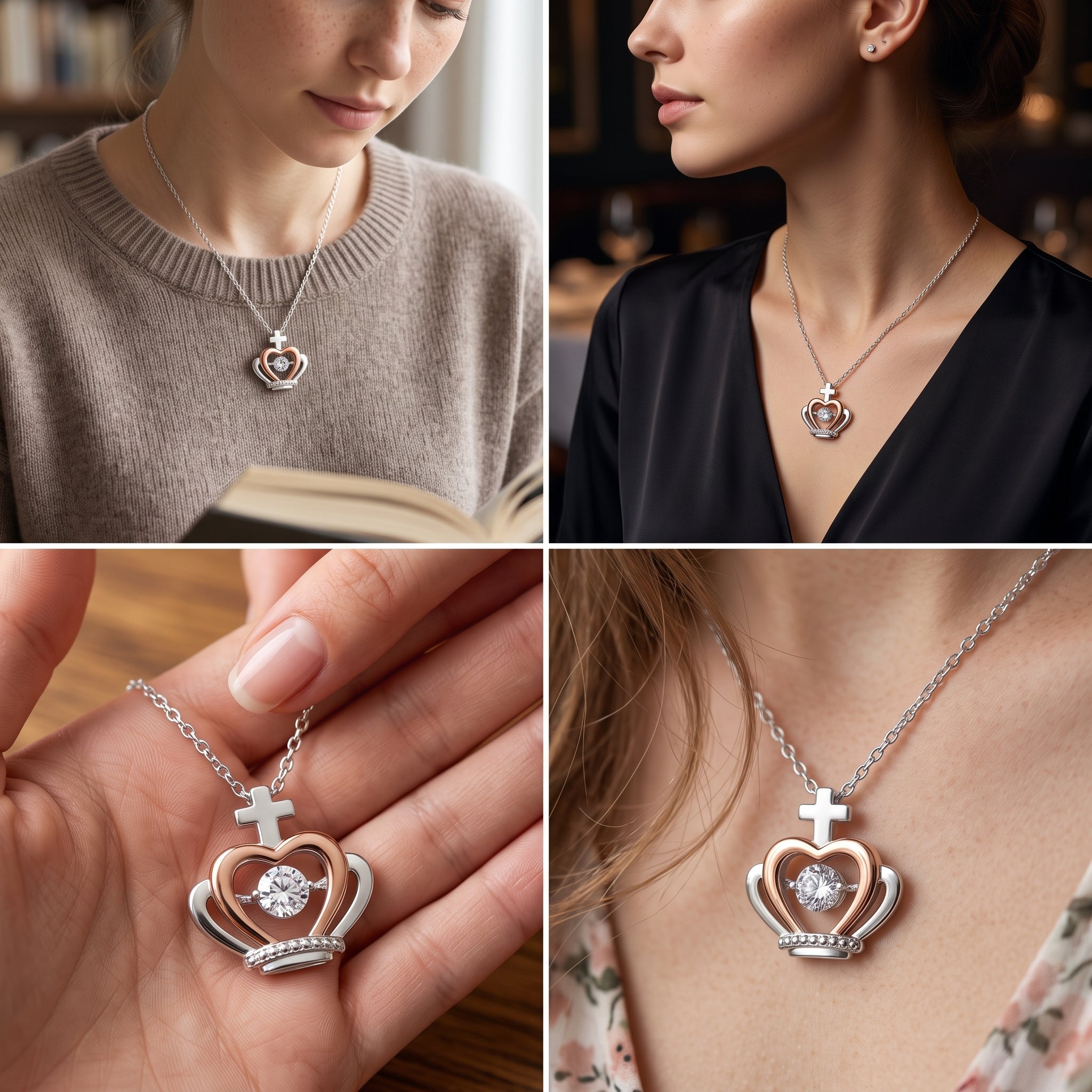 Crown Pendant Necklace – CZ, Silver & Rose Gold