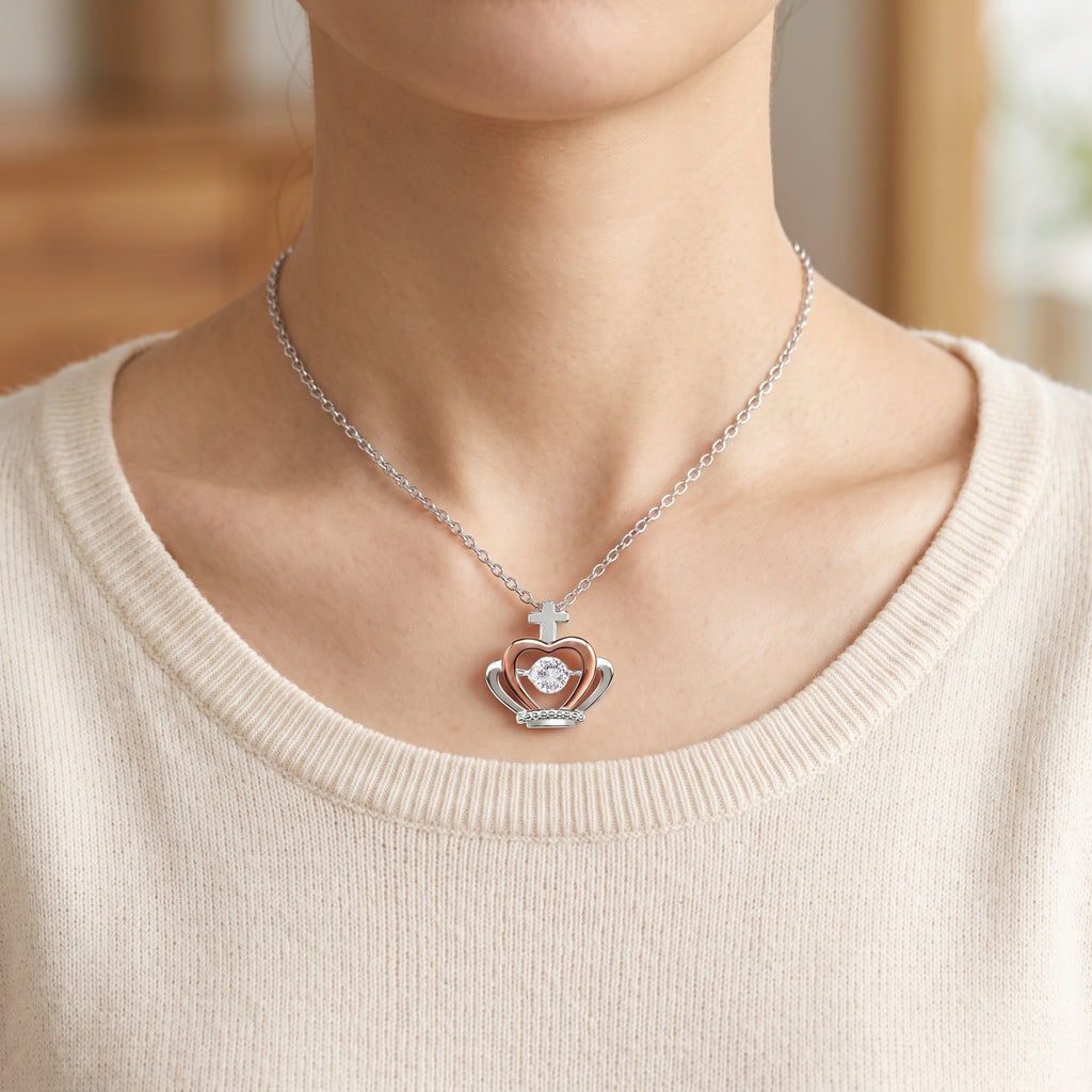 Crown Pendant Necklace – CZ, Silver & Rose Gold