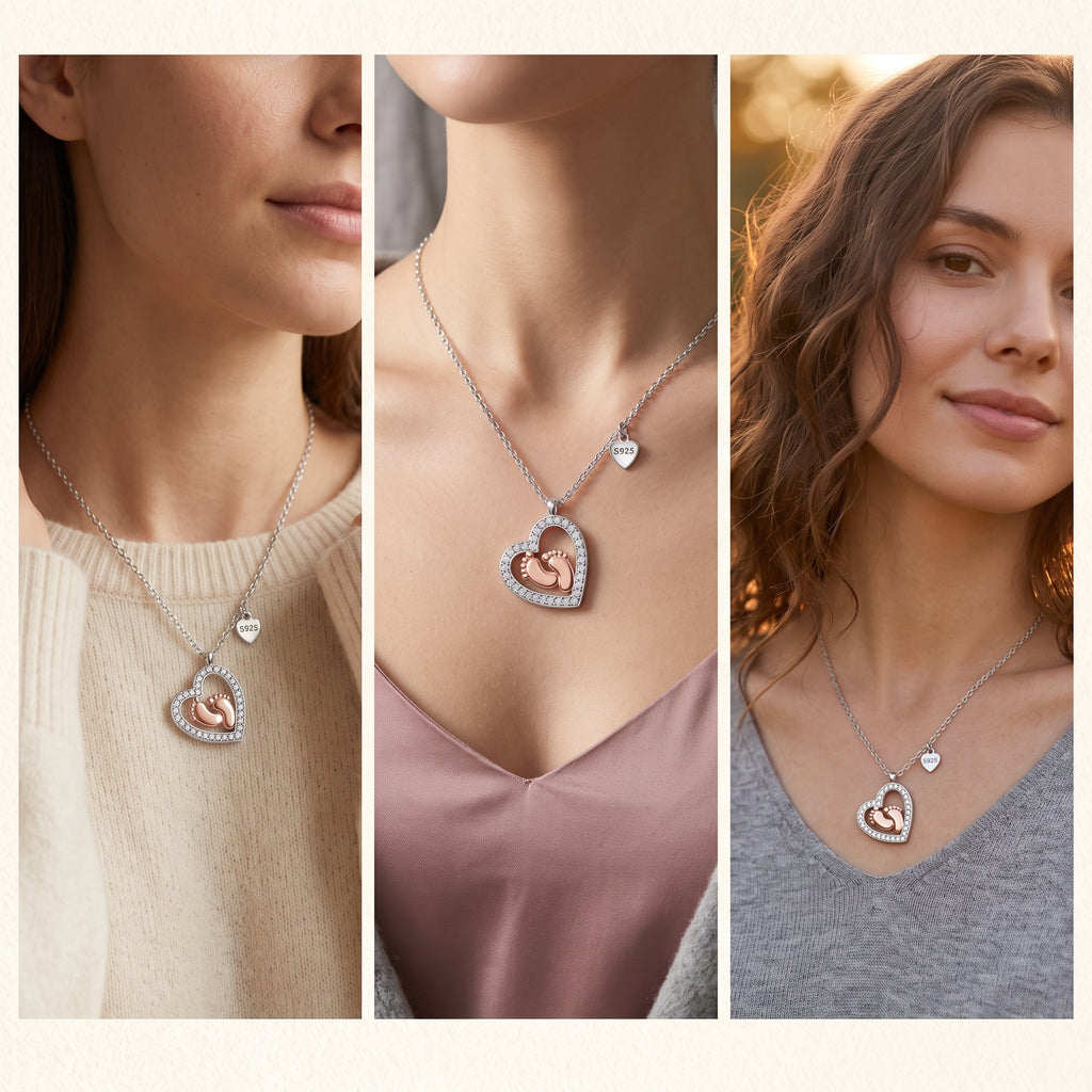 Baby Feet Heart Necklace – Rose Gold & CZ Pendant