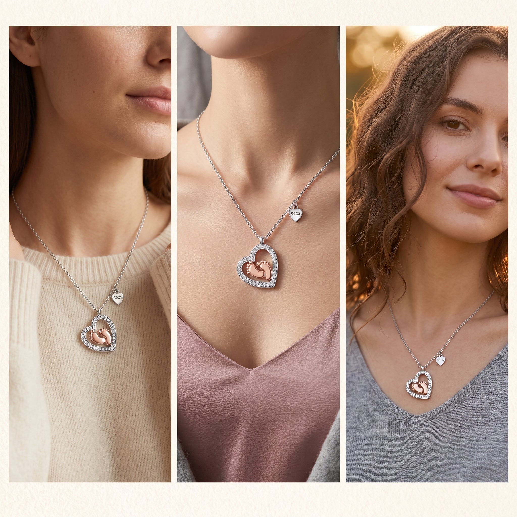 Baby Feet Heart Necklace – Rose Gold & CZ Pendant