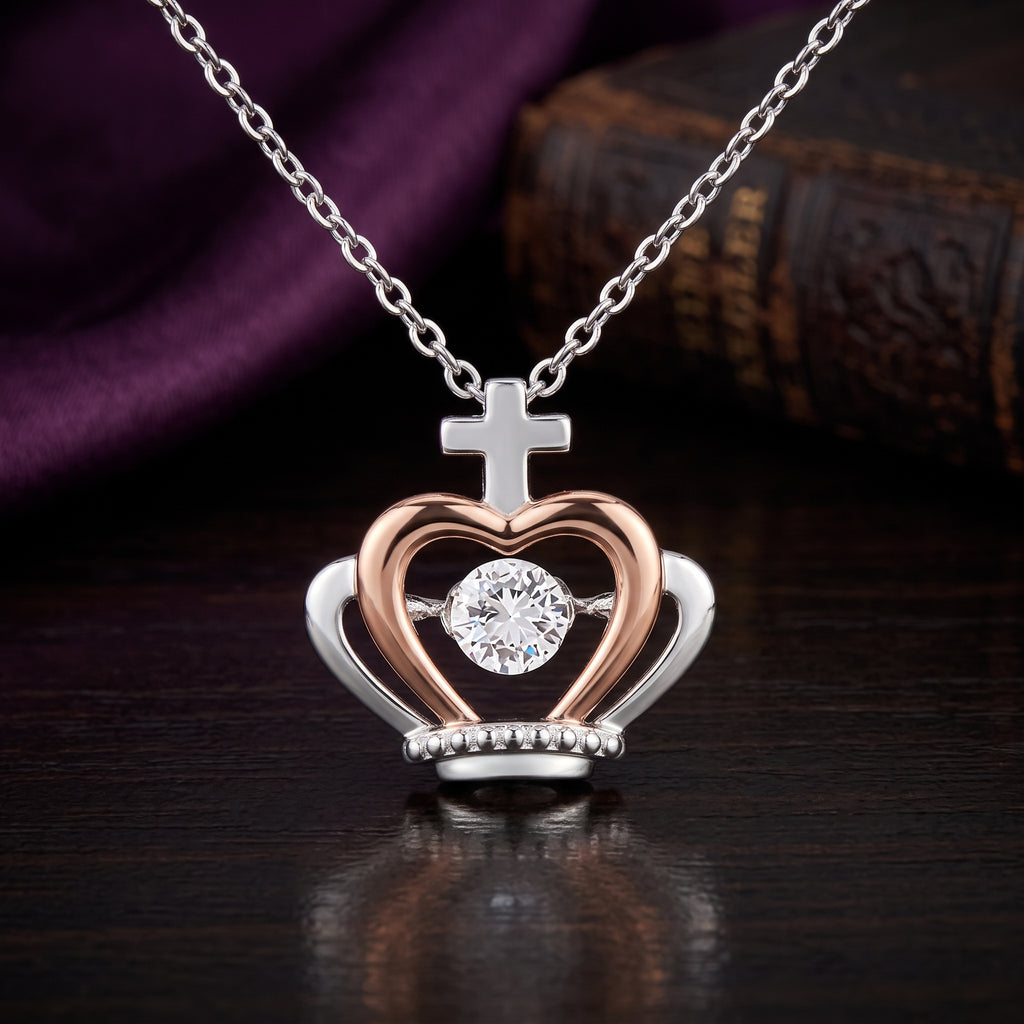Crown Pendant Necklace – CZ, Silver & Rose Gold