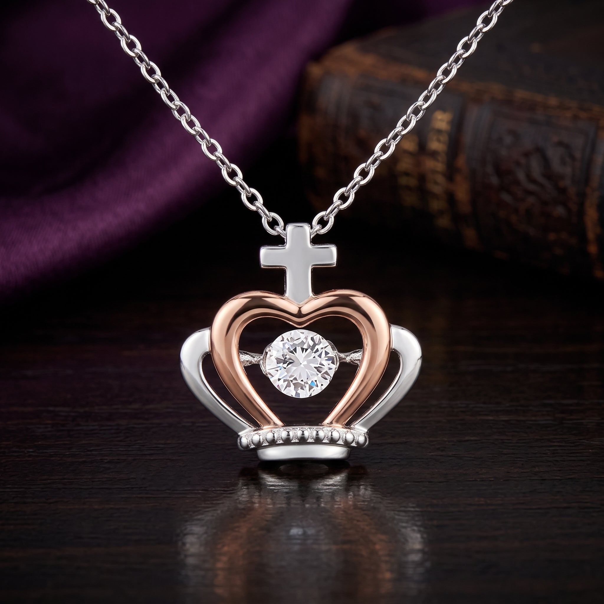 Crown Pendant Necklace – CZ, Silver & Rose Gold
