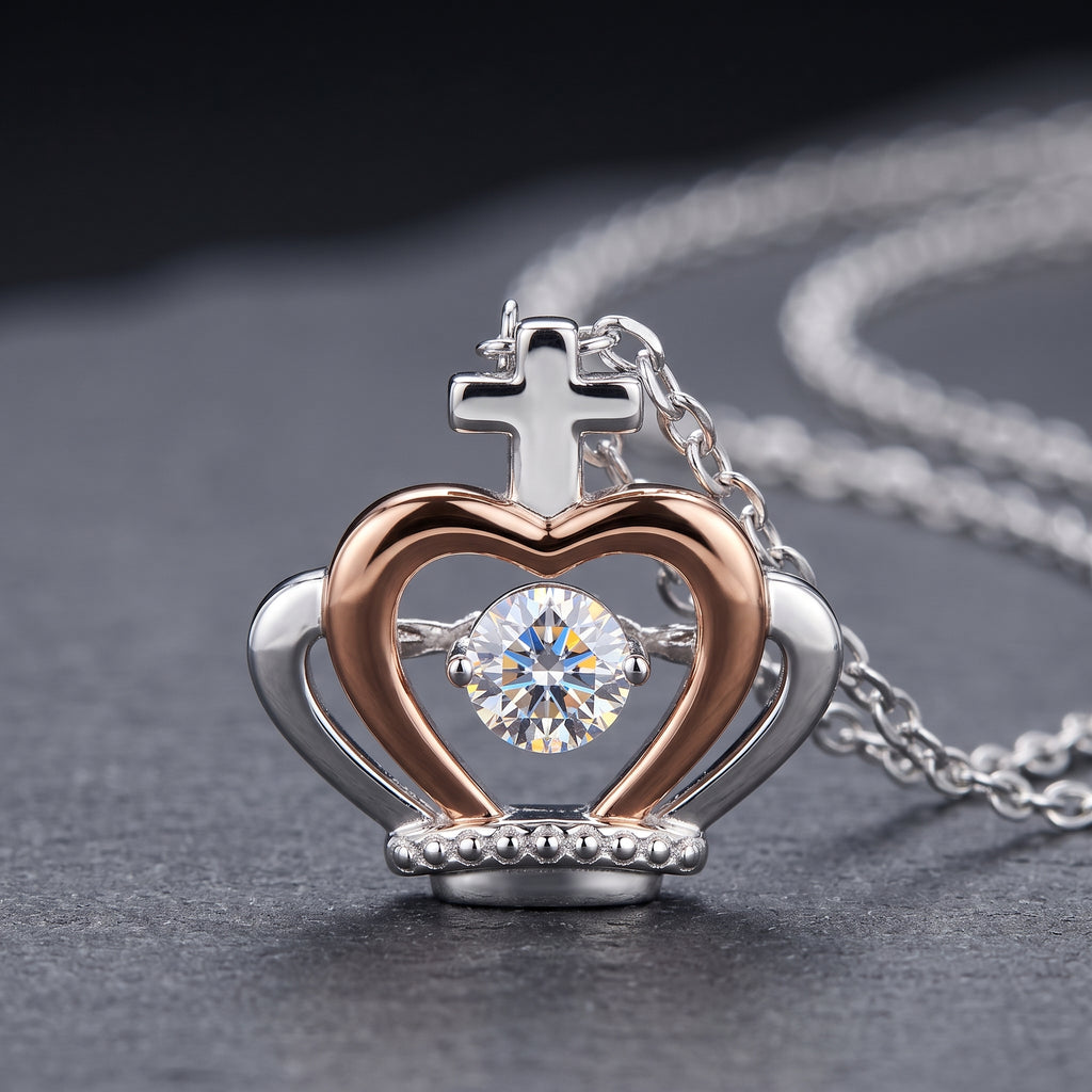 Crown Pendant Necklace – CZ, Silver & Rose Gold