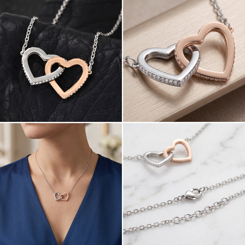 Interlocking Hearts Necklace – Rose Gold & CZ Crystal Gift for Her
